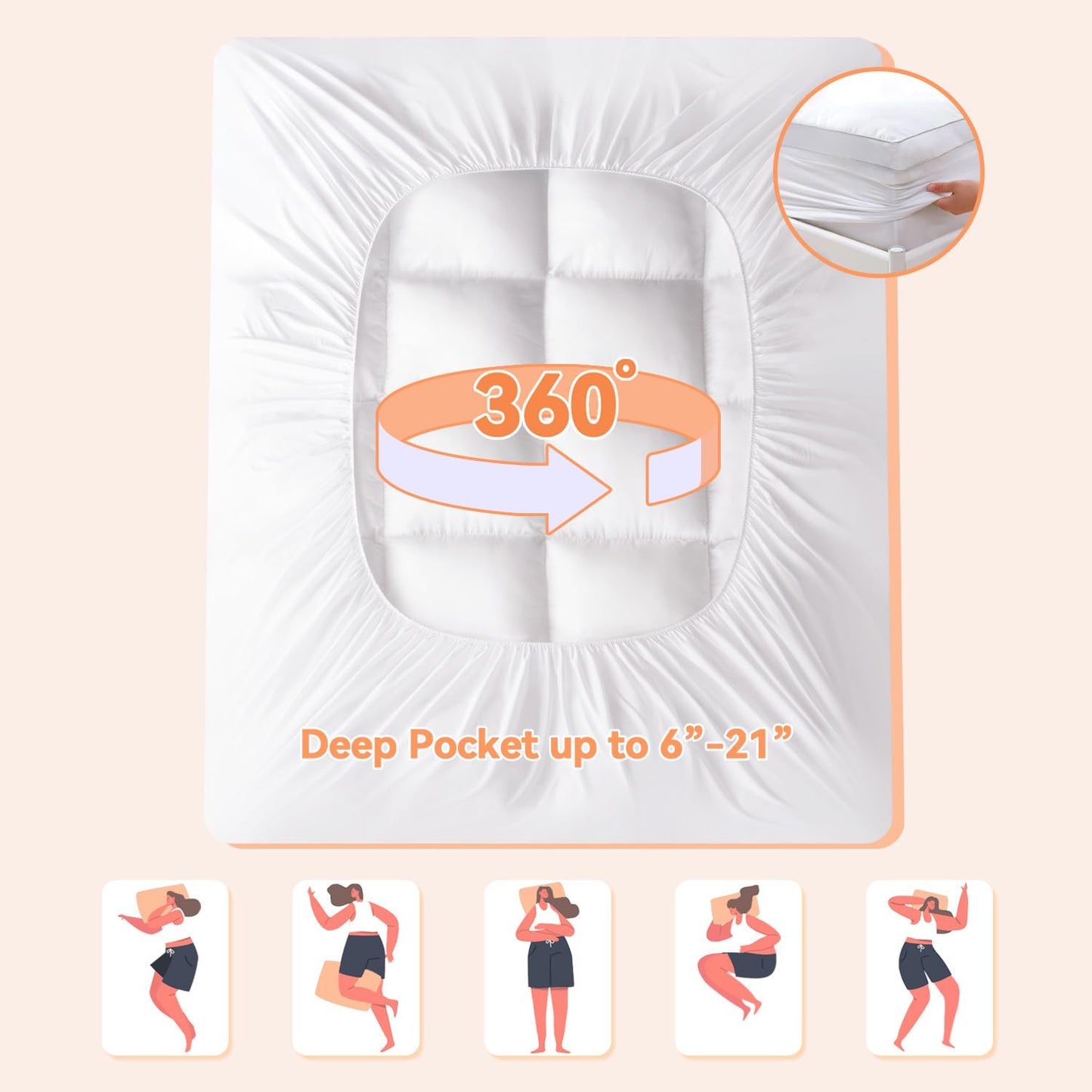 Topllen Queen Mattress Topper for Back Pain Relief, Extra Thick Pillow Top Plush Mattress Pad with Deep Pocket, Soft Pillowtop Queen Size Bed Toppers Filled Fluffy Down Alternative, White