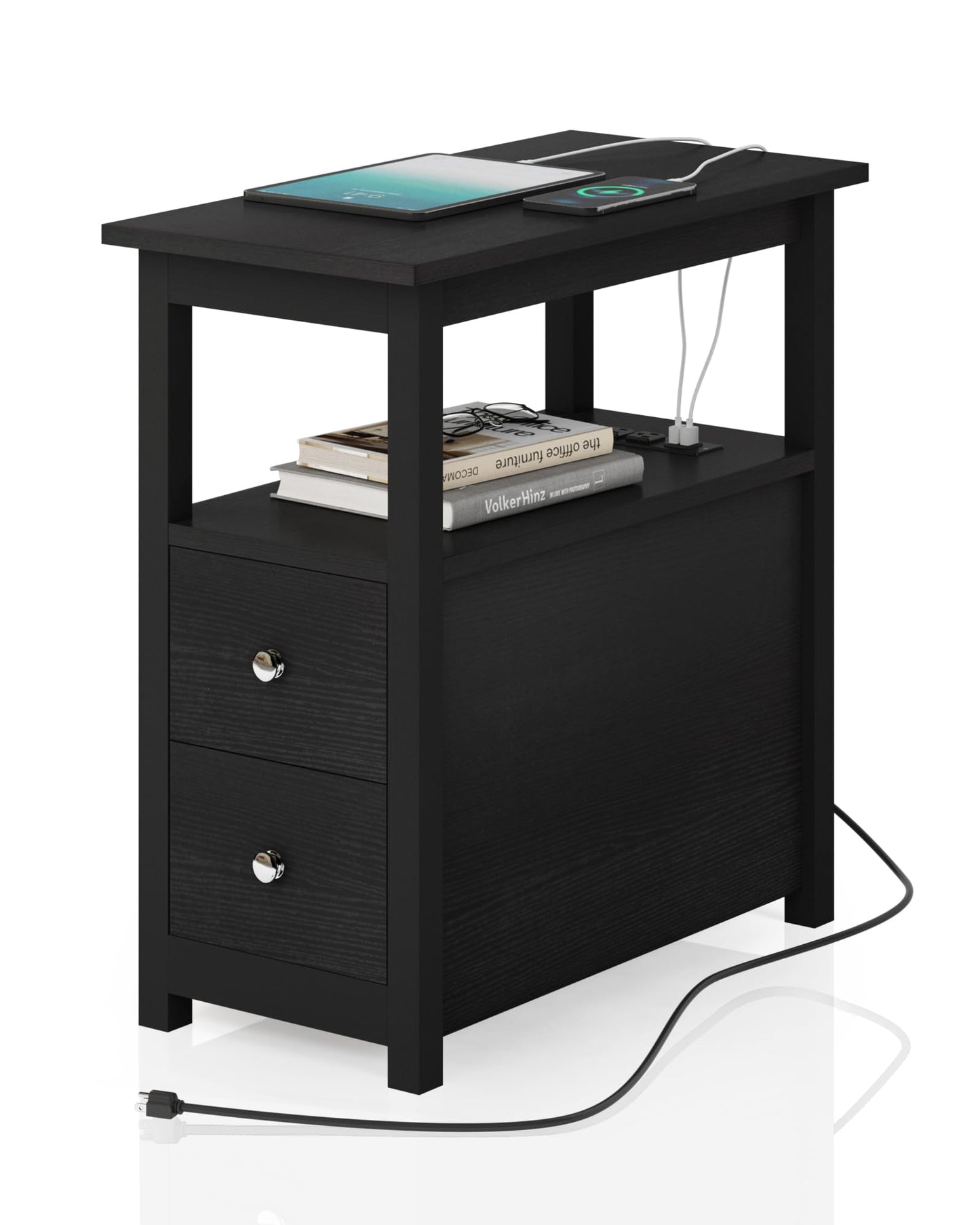 Sandinrayli End Table with Charging Station, Side Table with 2 Drawer & USB Ports & Power Outlets, Nightstand for Small Spaces, Bedside Tables for Living Room Black