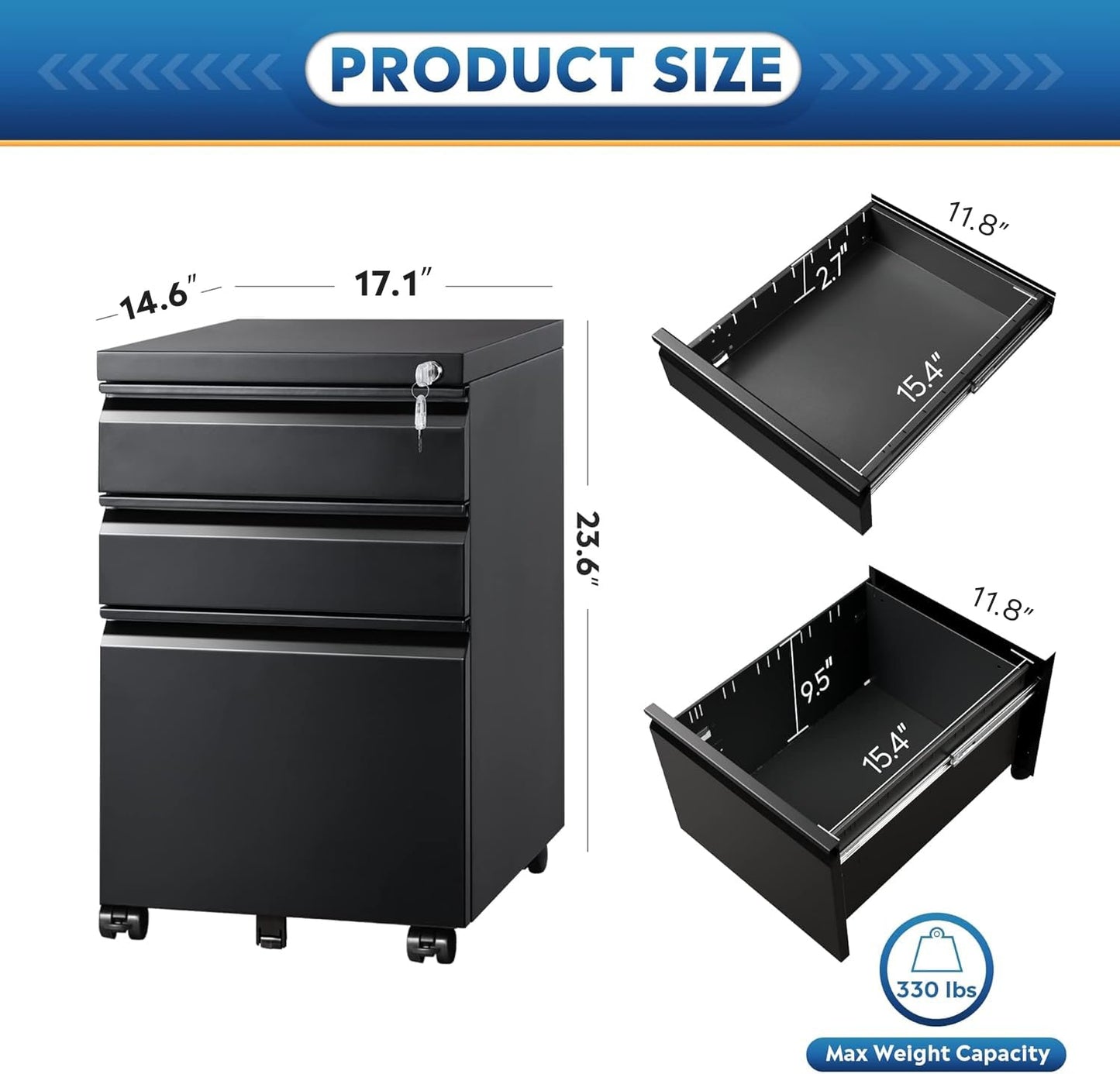 DEVAISE 3 Drawer Mobile File Cabinet with Lock, Under Desk Metal Filing Cabinet for Home Office/Legal/Letter/A4 File, Fully Assembled Except Wheels, Black