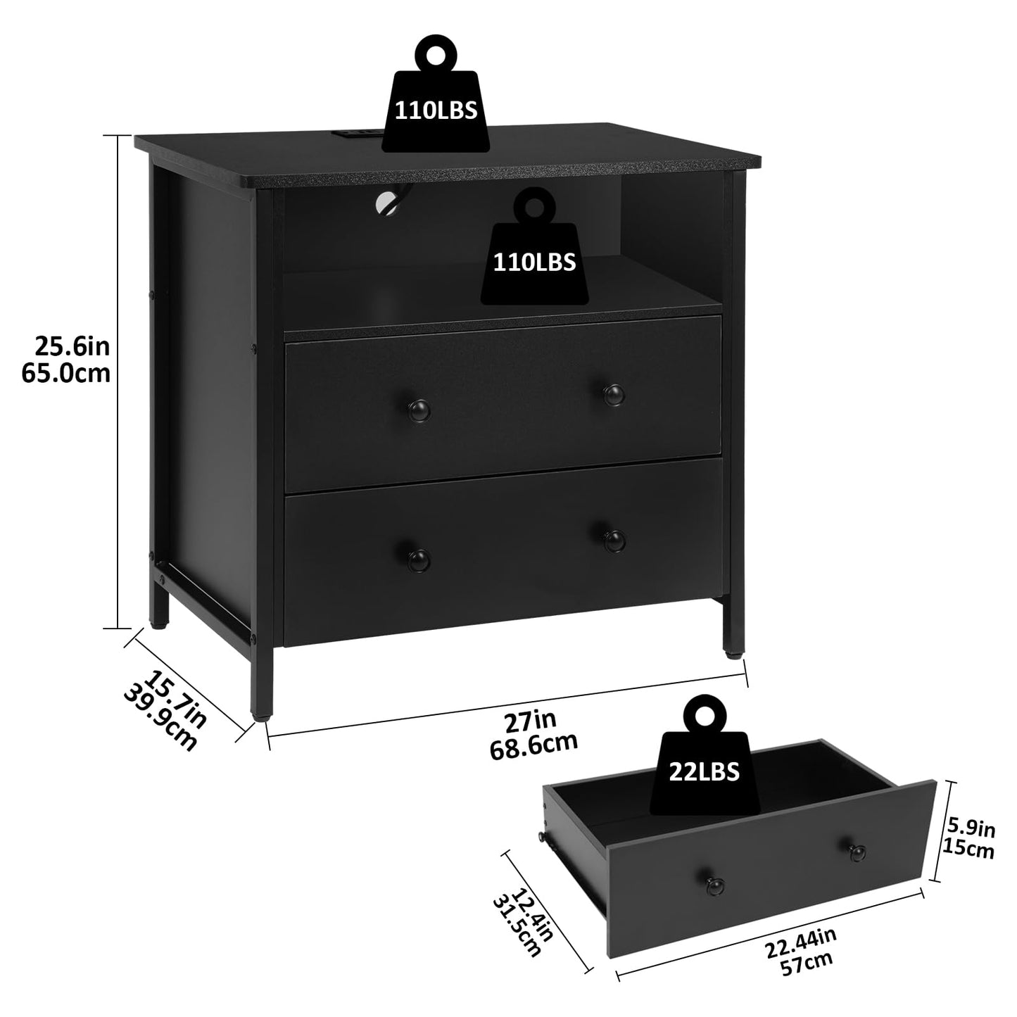 Tykacna 27 Inch Wide Night Stand, Large Wood Night Stand with 2 Drawer, LED Nightstand with Charging Station and Adjustable Drawer, Bedside Table for Living Room/Bedroom/Study/Office, Black.