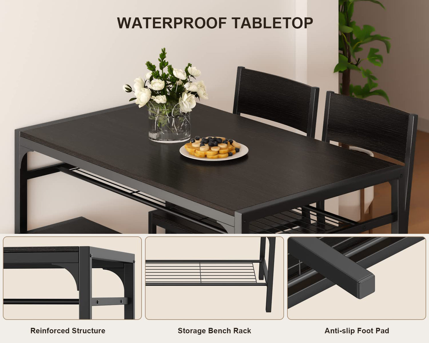 Gizoon Kitchen Table and 2 Chairs for 4 with Bench, 4 Piece Dining Table Set for Small Space, Apartment