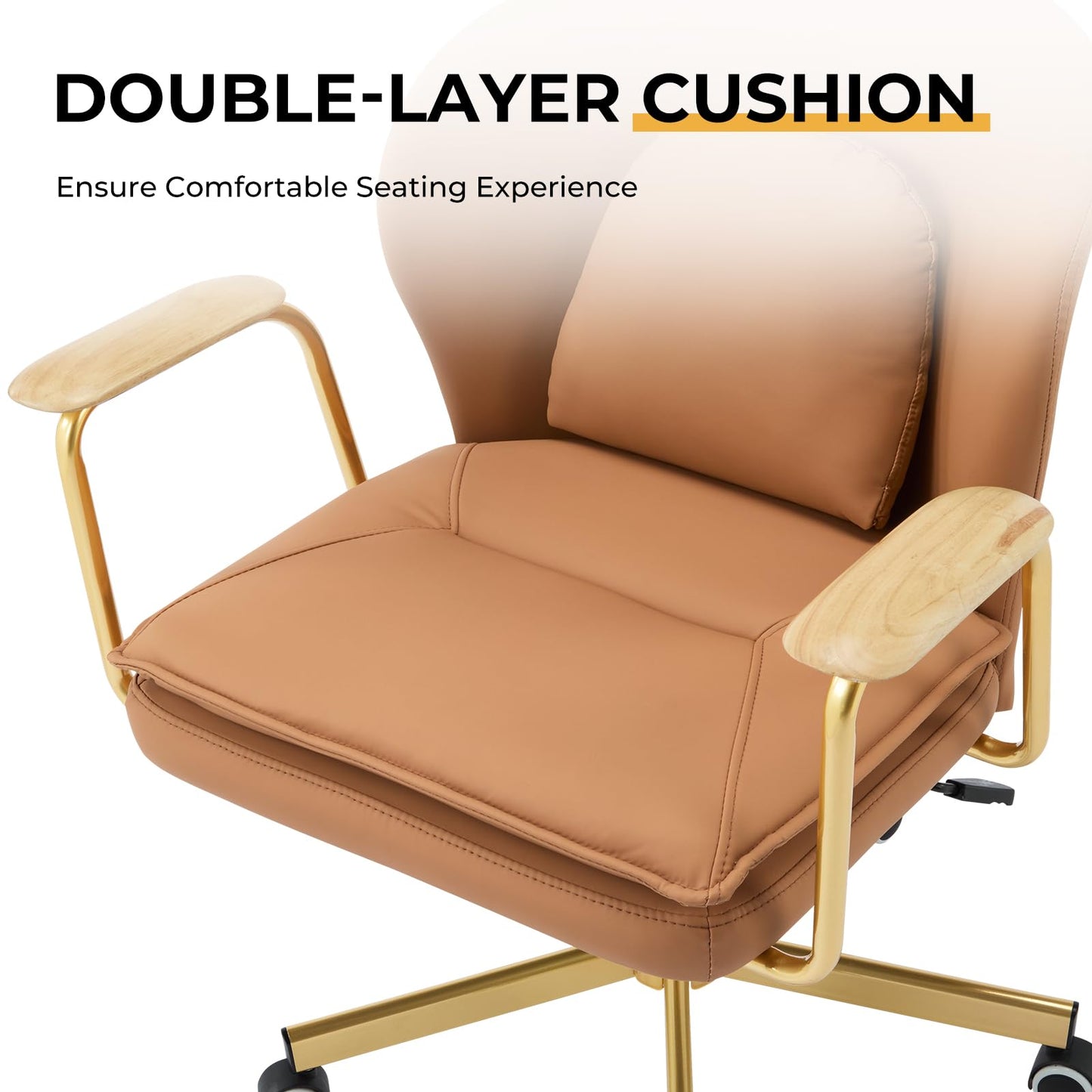 Furniliving Leather Home Office Desk Chairs，Comfy Office Chair, Adjustable Swivel Vanity Chair with Golden Legs and Wooden Padded Armrest, Modern Upholstered Task Chair with Wheels,Brown