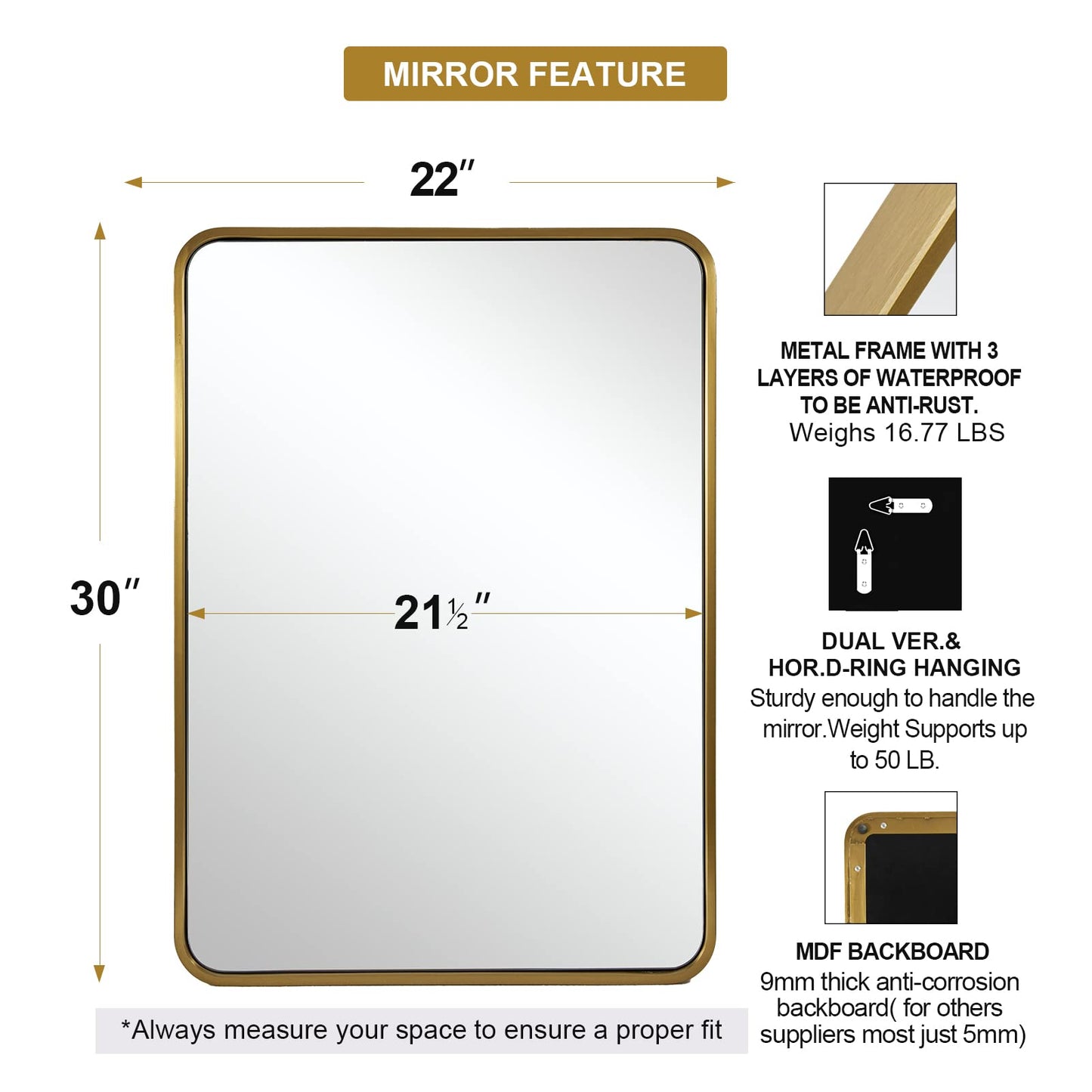 ANDY STAR Brass Mirror Bathroom, 22x30’’ Rounded Rectangle Mirror, Brushed Gold Bathroom Vanity Mirror Non-Rusting SUS304 Metal Tube Frame 1’’ Deep Wall-Mounted Mirrors Vertical/Horizontal