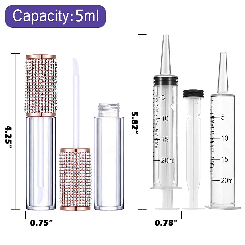 AMORIX 72 Pack 5ml Crystal Rhinestone Lip Gloss Tubes with Wand 5ml Empty Lip Gloss Containers Lipgloss Bottles with Stoppers 4pcs Syringes + Labels for DIY Lip Gloss Balm