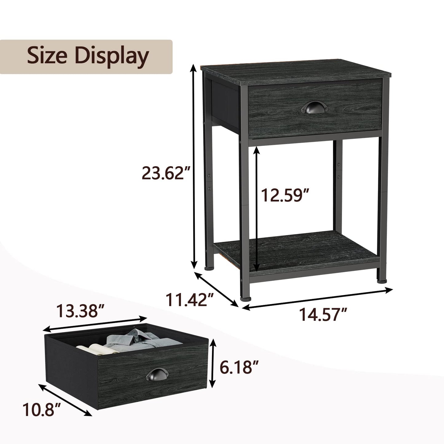 Furologee Nightstands Set of 2, Industrial End Table with Fabric Drawer&Storage Shelf, Small Bedside Table Organizer for Small Space for Living Room, Tall 23.6" Night Stand for Bedroom, Black Oak