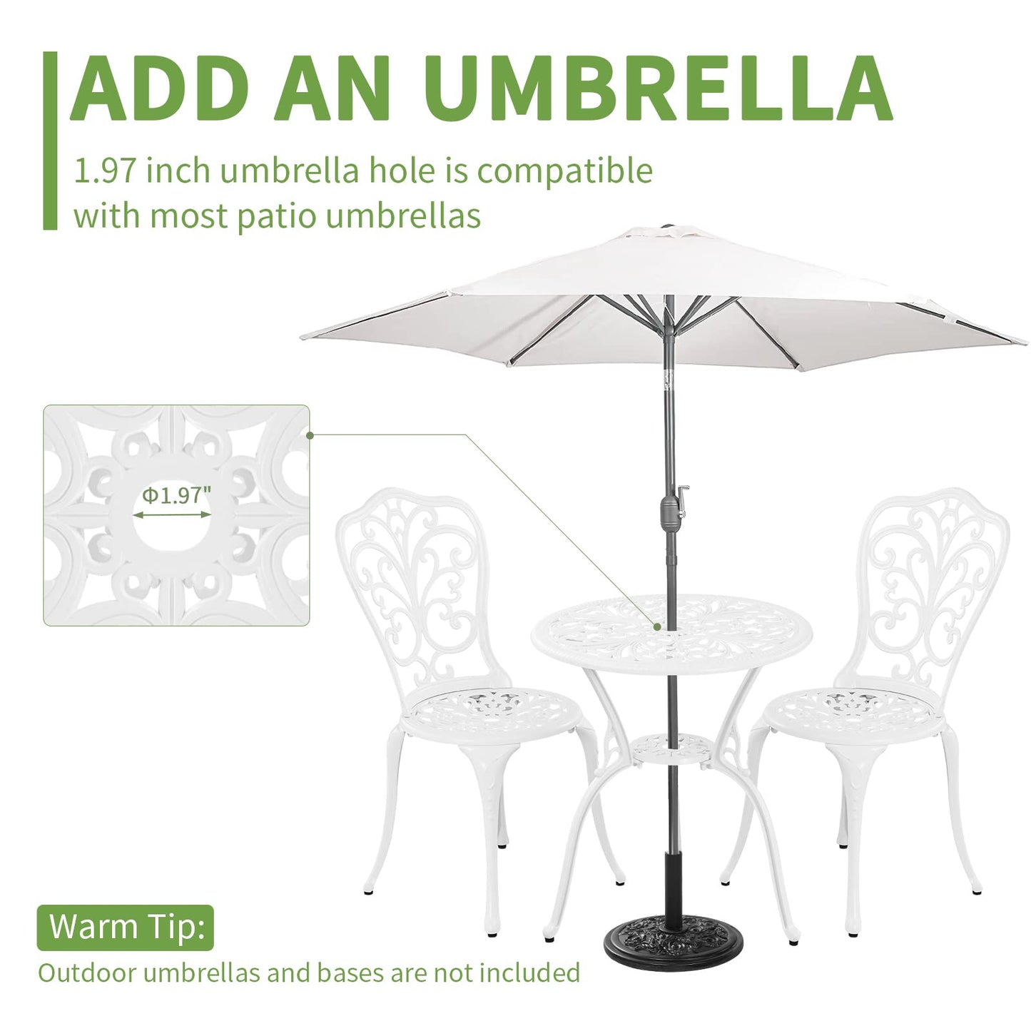 Withniture Bistro Set 3 Piece Outdoor Cast Aluminum Patio Bistro Set with Umbrella Hole, All Weather Bistro Table and Chairs Set, Small Patio Furniture Set for Garden, Porch,White