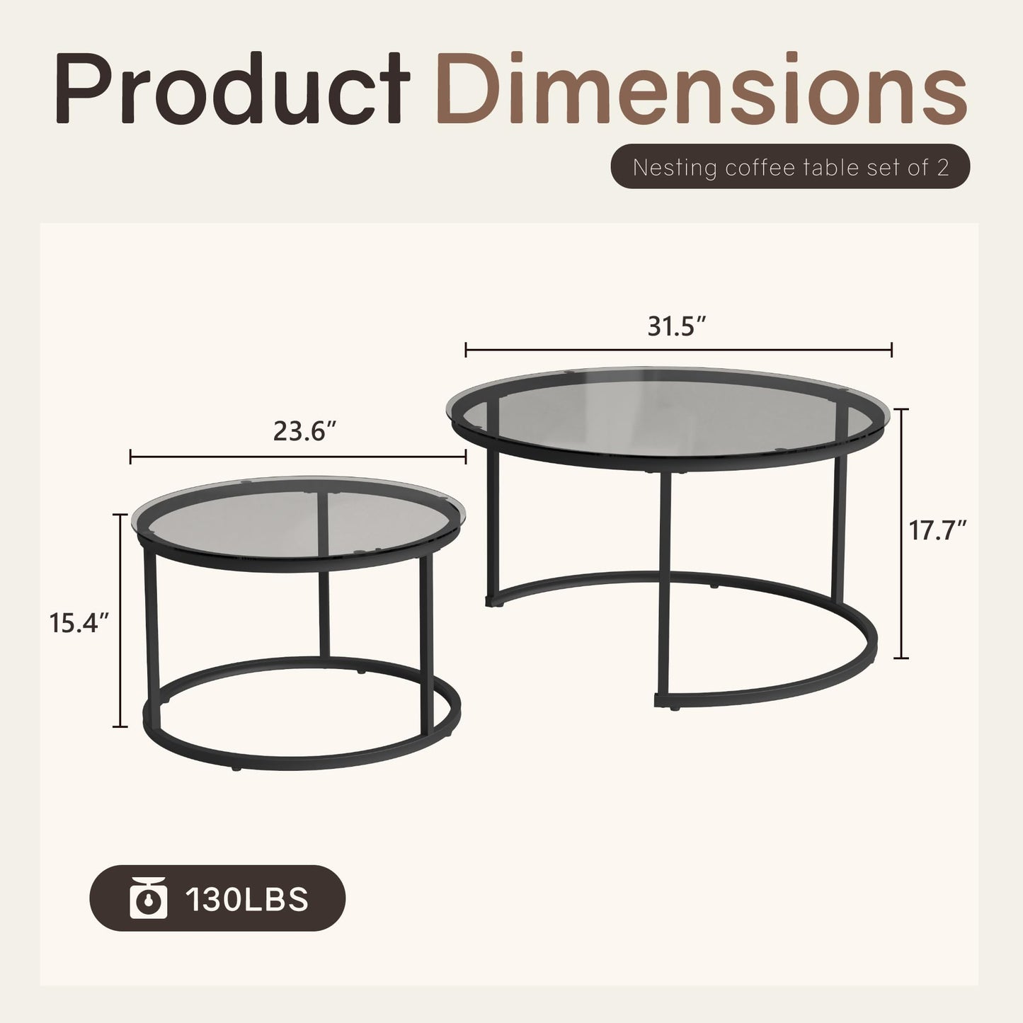 Furnivado 31.5" Nesting Coffee Table Set of 2, Round Nesting Coffee Tables with Tempered Glass Top, End Tables with Metal Frame for Living Room, Bedroom, Grey Transparent Glass