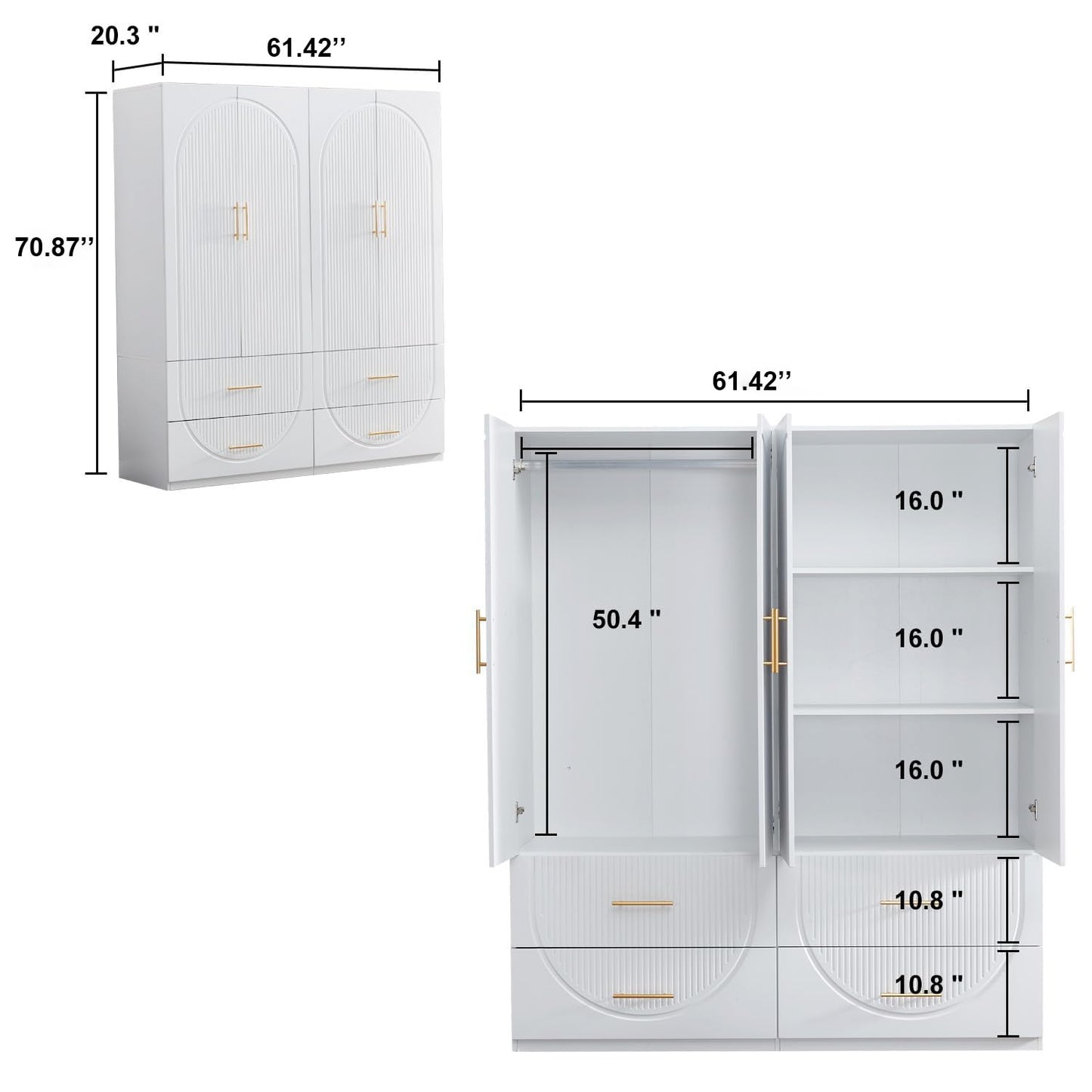Keloyid Wardrobe Armoire Closet with 4 Door, 3 Shelves, 4 Drawers and 1 Hanging Rods, Wooden Closet Storage Cabinet for Bedroom, White