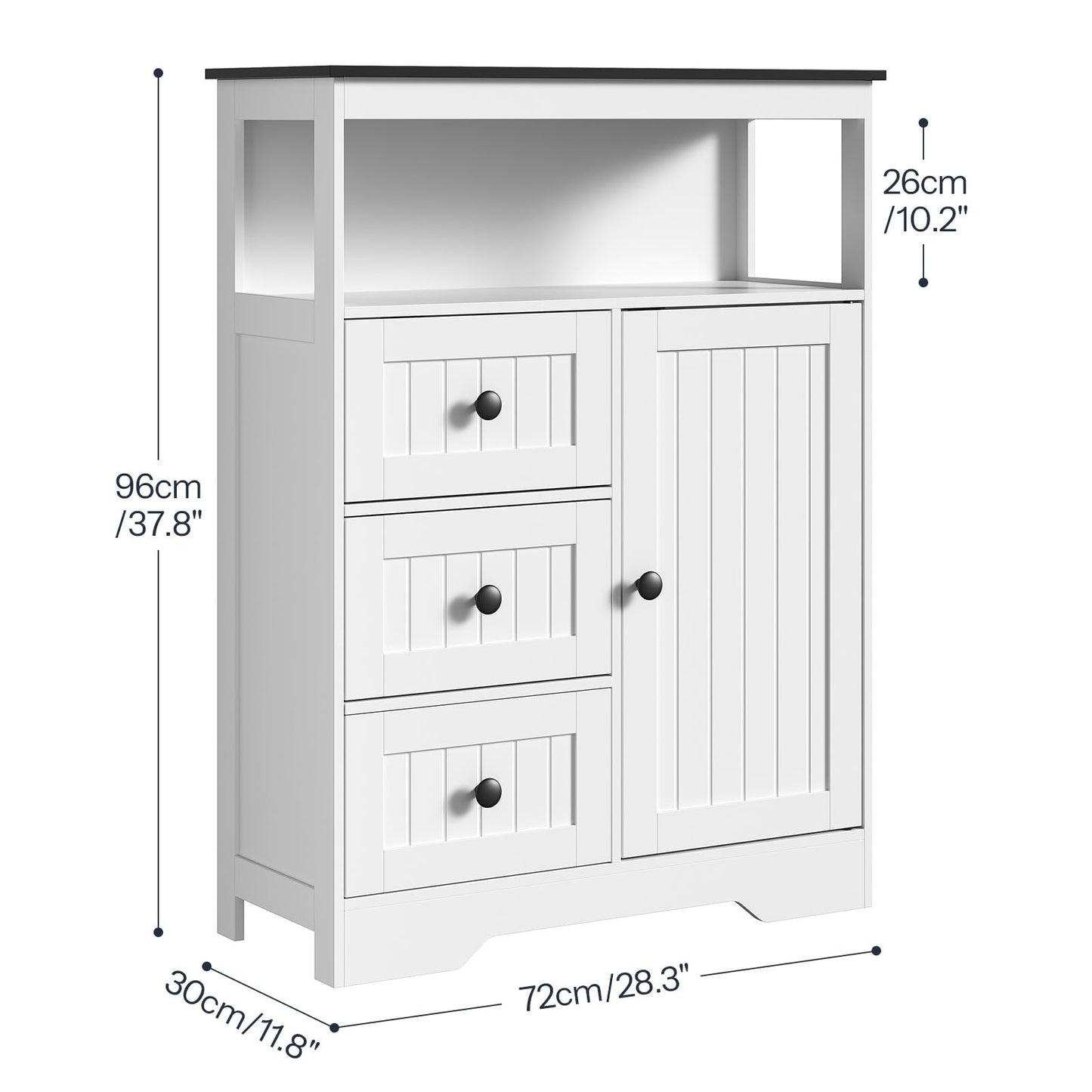 HOOBRO 28.3" Bathroom Storage Cabinet, Large Floor Cabinet, Freestanding Bathroom Storage Unit, 1 Cupboard and 3 Drawers, Adjustable Shelf, 28.3" L x 11.8" W x 37.8" H, White and Black