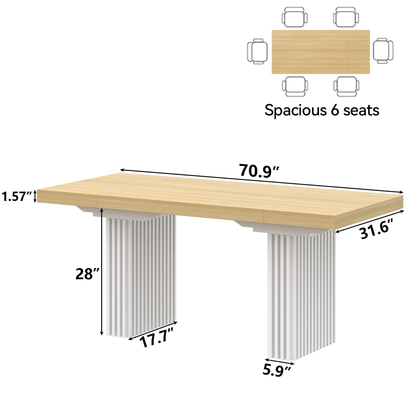 Gyfimoie 71" Large Dining Table for 6-8,Modern Rectangle Kitchen Table with Strip Base,Wood Dining Room Tables with Heavy Duty Legs for Kitchen, Dining Room (Natural)