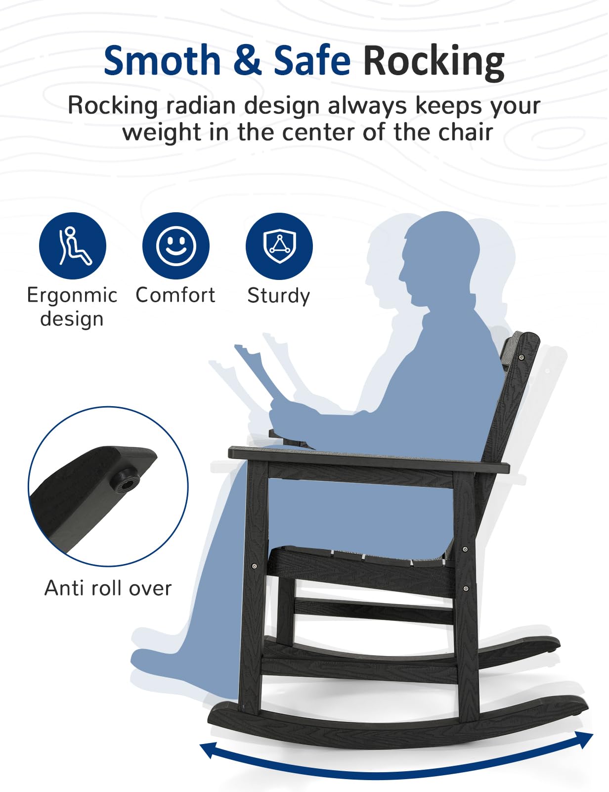 LAHAAP Patio Rocking Chairs Set of 2, Weatherproof HIPS Outdoor Rocking Chair for Adults, 400LBS Support Heavy Duty Porch Rocking Chairs for Garden, Lawn, Backyard, Outdoor and Indoor (Black)