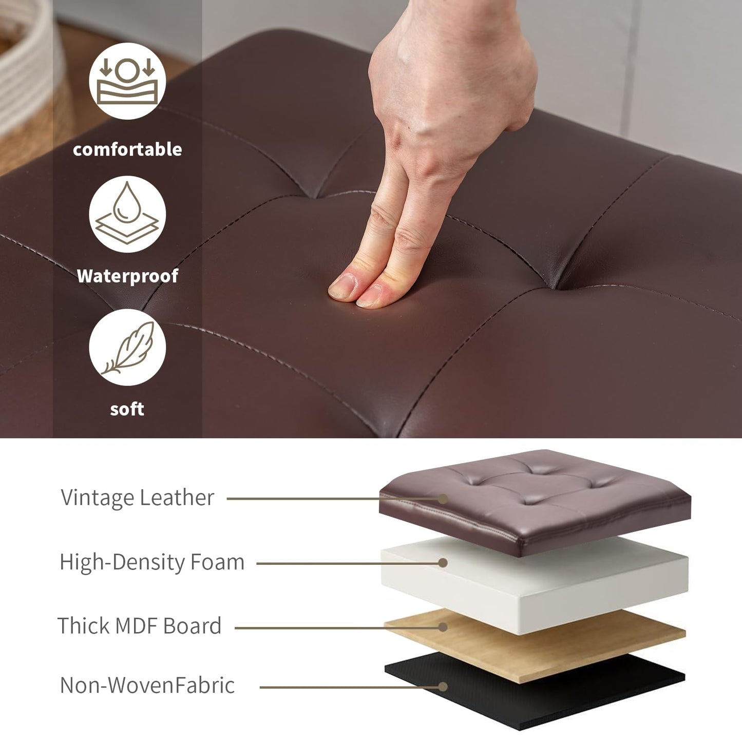 Asense 17 Inch Square Storage Ottoman,Small Foot Rest Stool for Couch, Faux Leather Upholstered Footstool Cube for Entryway Bedroom Living Room,Brown