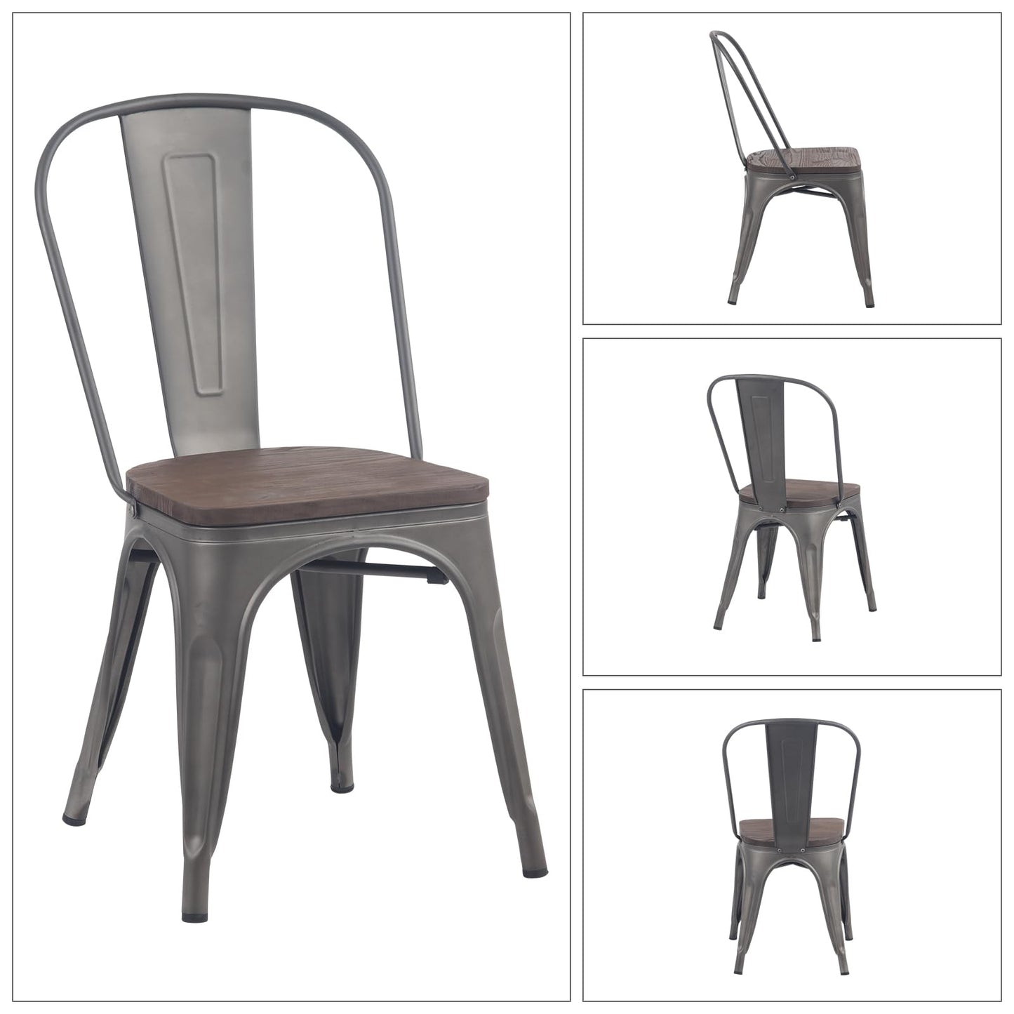 YOUNIKE Metal Dining Chairs Set of 4 Iron Stackable Removable Back Wood Seat Patio Chairs Rubber Feet Stylish Modern Indoor Outdoor Classic Chic Industrial Vintage Bistro Kitchen Rusty Grey