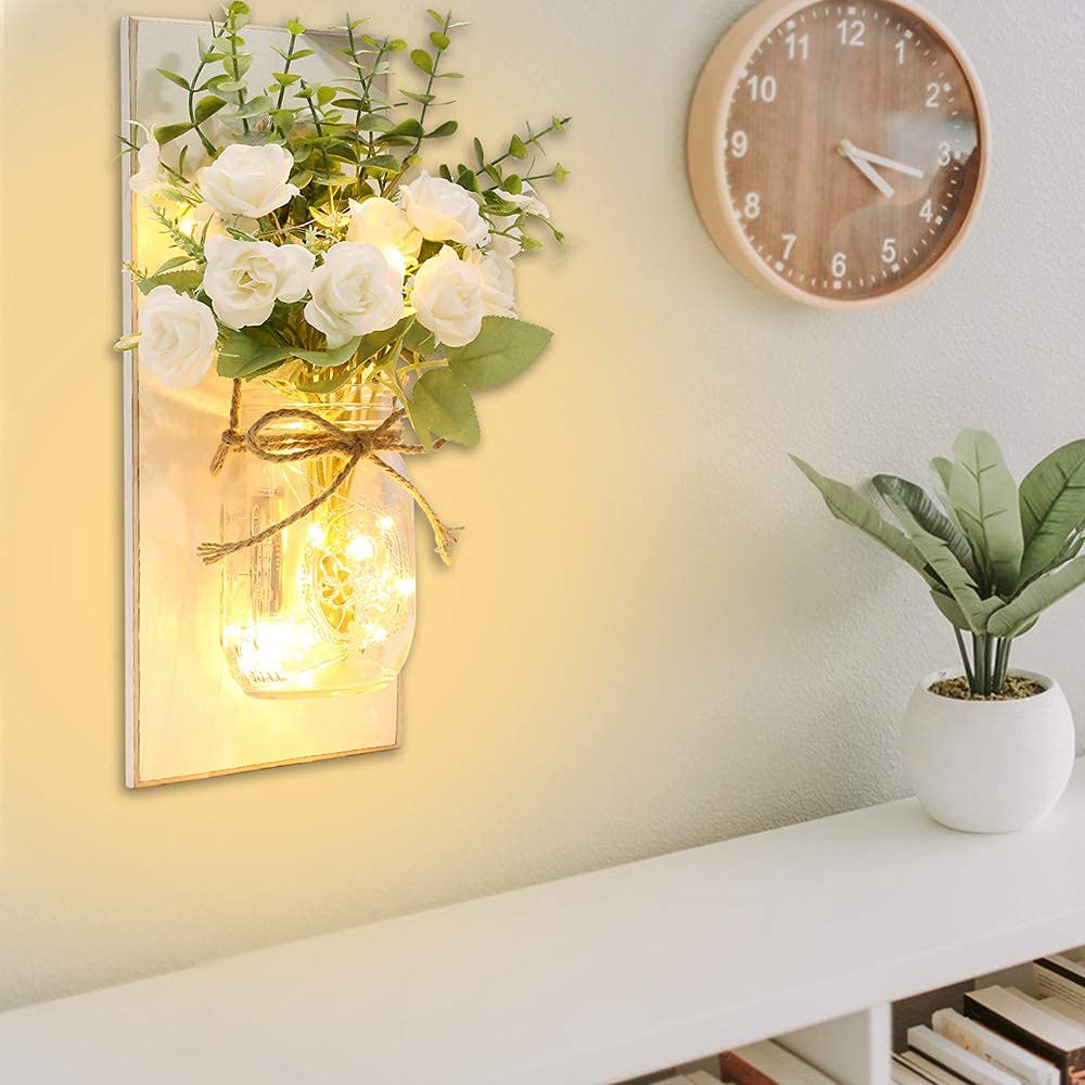 YI LIGHTING Set of 2 Rustic Wall Sconces - Mason Jars Sconce, Rustic Home Decor, Wrought Iron Hooks with LED Fairy Lights for Home Decoration Gift (White)