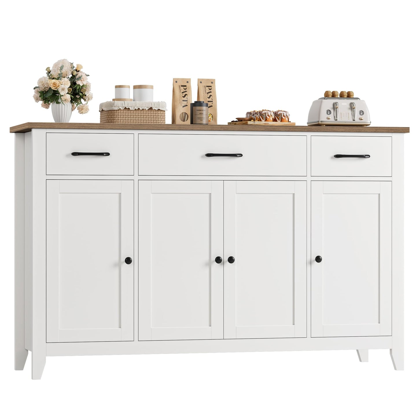HORSTORS 55" Buffet Cabinet, Modern Farmhouse Sideboard Buffet with Drawers, Large Kitchen Storage Cabinet with Adjustable Shelves, Wood Coffee Bar for Kitchen, Dining Room, Living Room, White