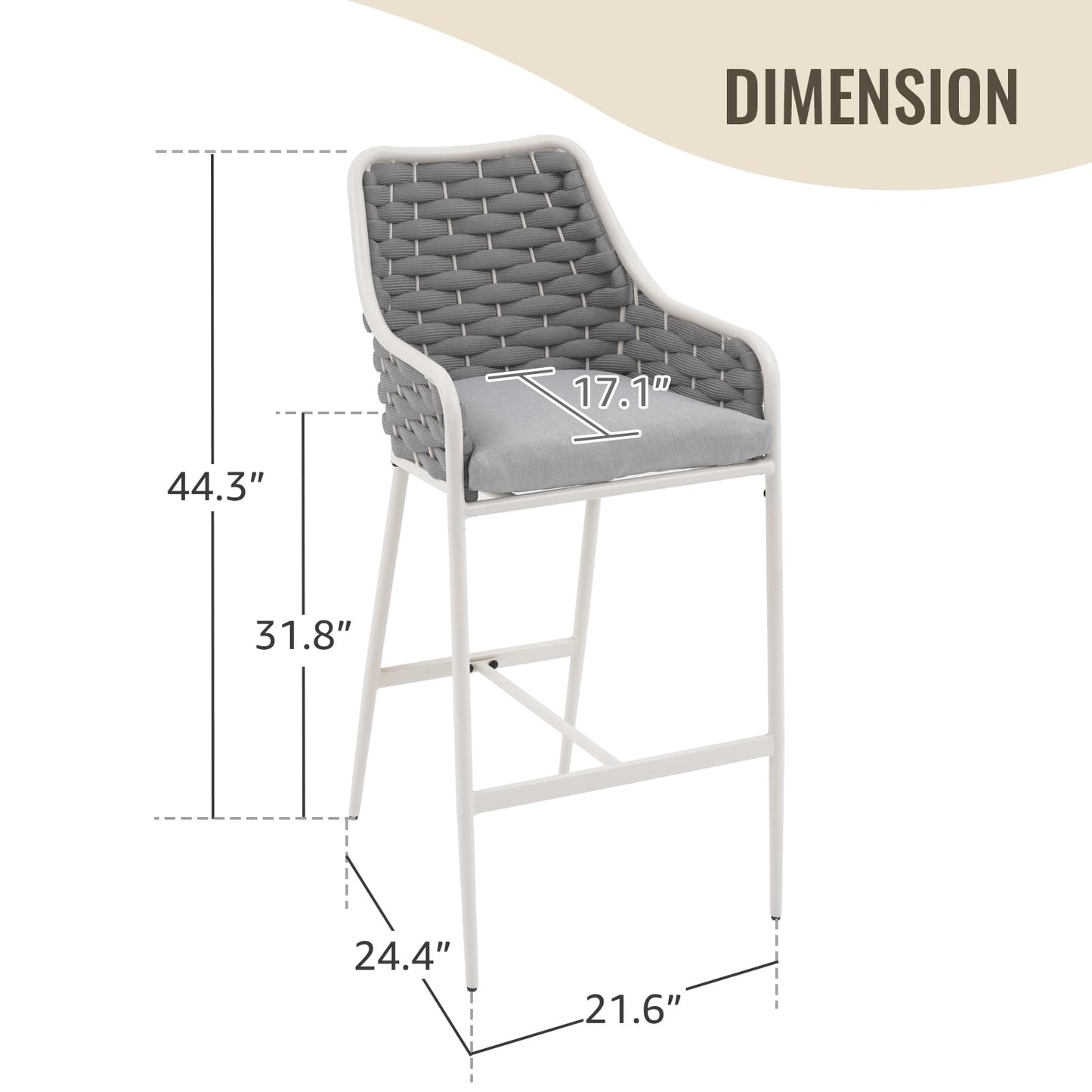 SUNSITT Outdoor Bar Stools Set of 2, 31.8” Patio Metal Counter Height Chairs w/Weather-Resistant Cushion, Woven Rope Design Modern Bar Height Outdoor Chairs w/Armrest Light Gray for Garden Poolside