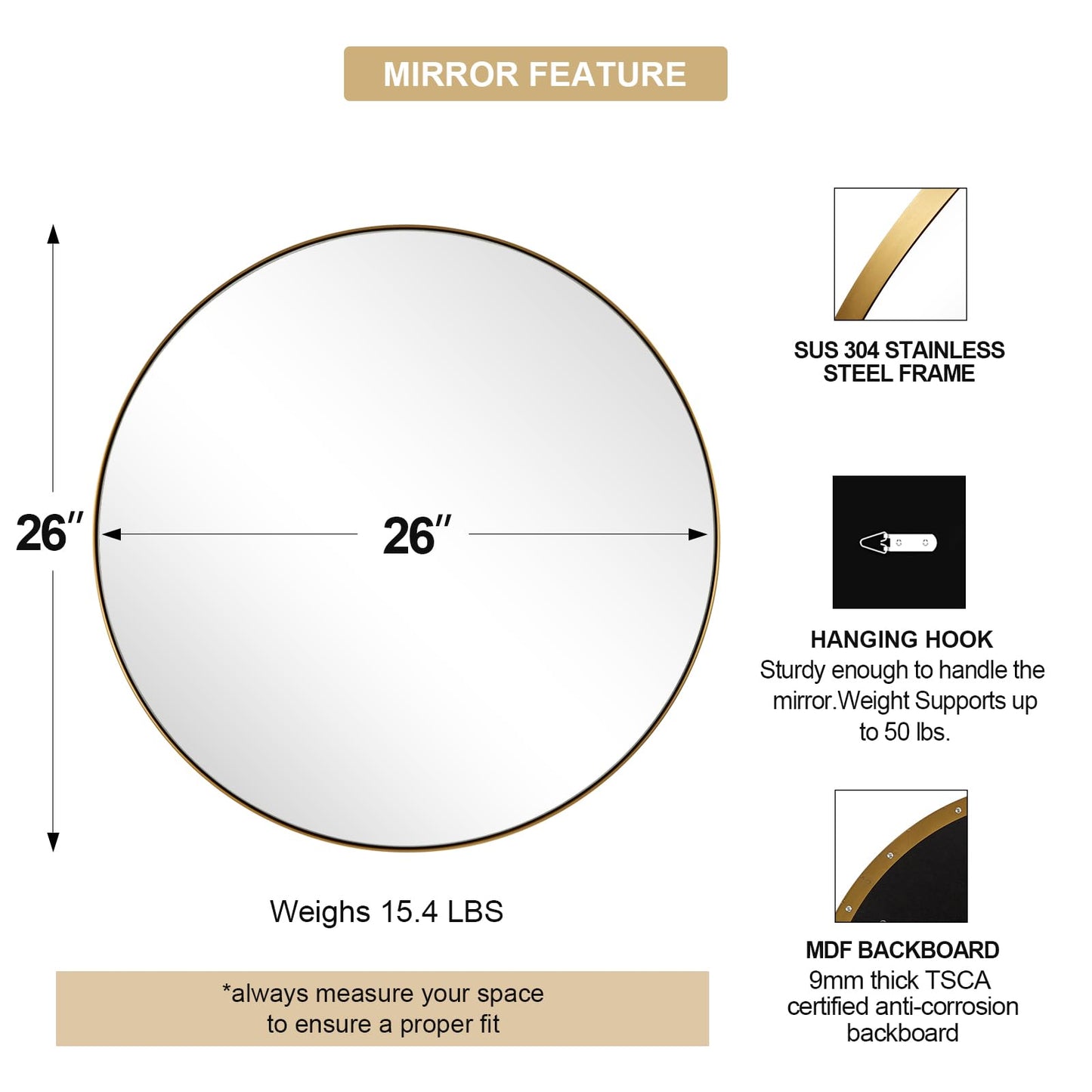 ANDY STAR 26 Inch Round Mirror, Brass Bathroom Mirror, Gold Circle Mirror with Stainless Steel Frame for Bathroom, Vanity, Living Room, Entryway