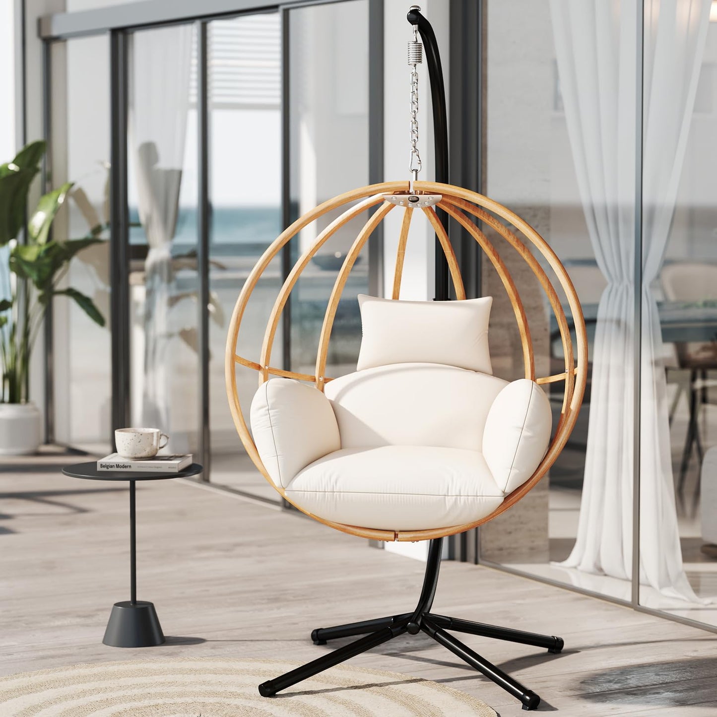 DAYAOUTDOOR Hanging Egg Chair with Stand, Egg Swing Chair Outdoor for Balcony, Patio Hanging Egg Chairs with Cushions for Relaxation in Bedrooms, Gardens, Beige