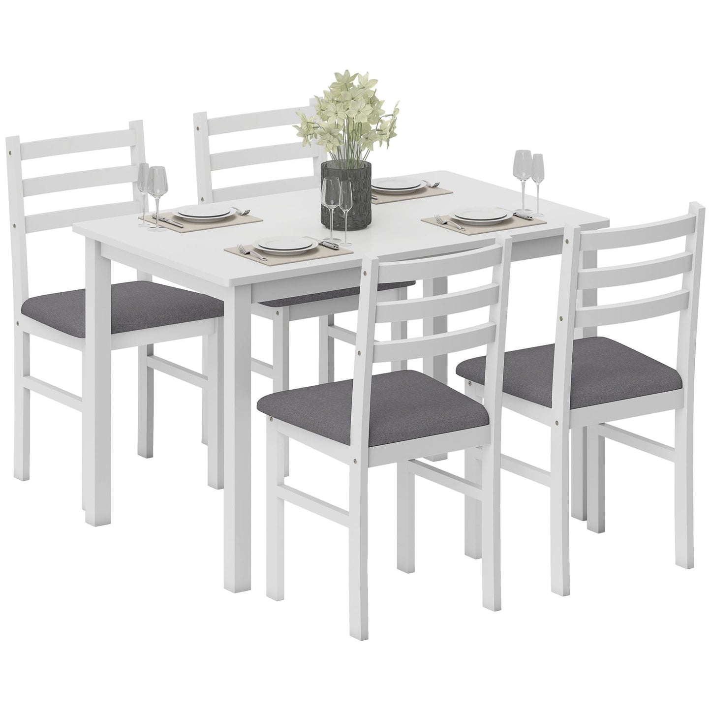 HOMCOM 5-Piece Dining Table Set for 4, Farmhouse Kitchen Table Set with 4 Upholstered Padded Chairs, Solid Wood Legs and Backrest for Small Space, Dining Room, Breakfast Nook, White