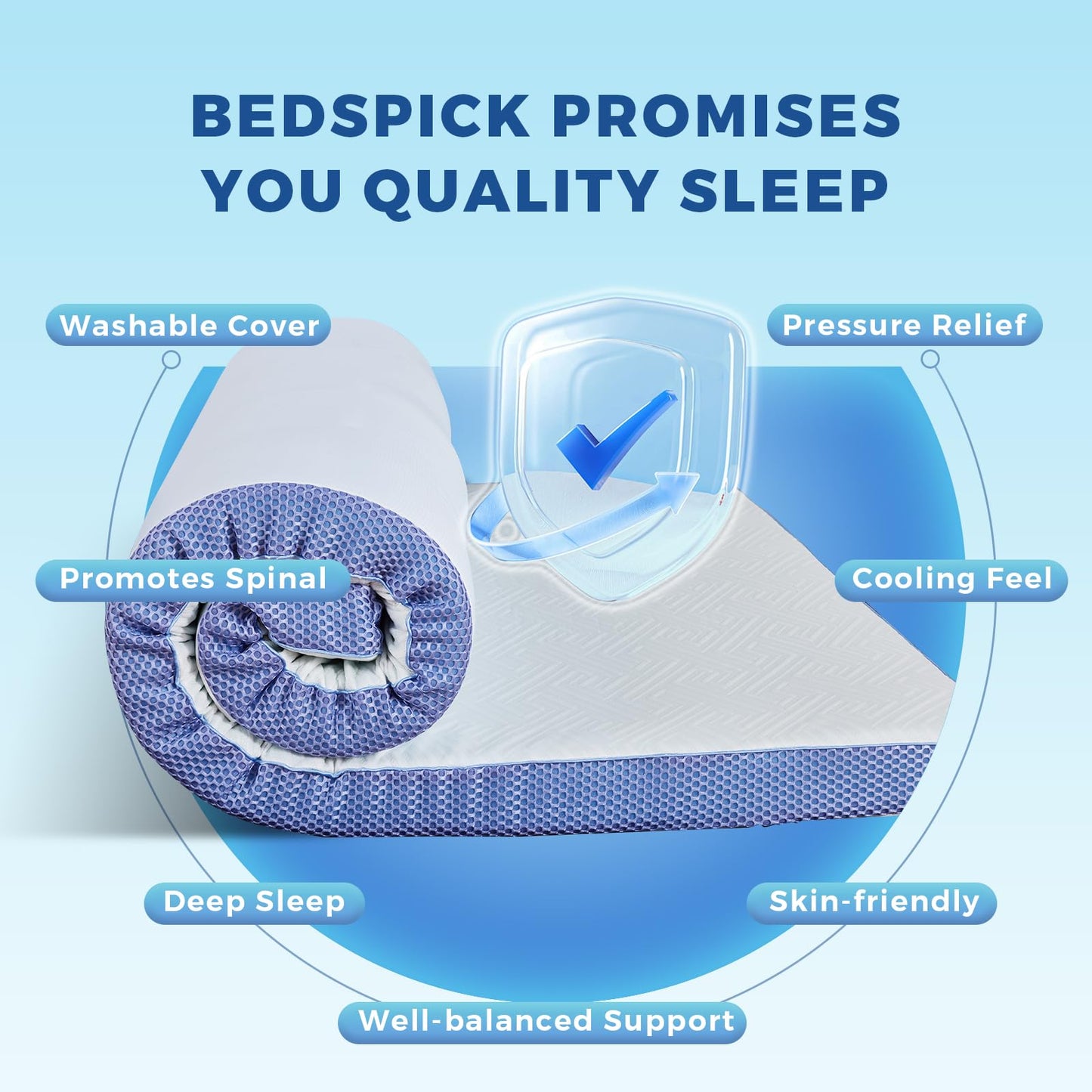 BedsPick Queen Mattress Topper Memory Foam, 3 Inch Queen Size Mattress Toppers, Cooling Mattress Bed Topper, Washable Cover, Elastic Band, Breathable Mattress Topper for Back Pain Relief, CertiPUR-US