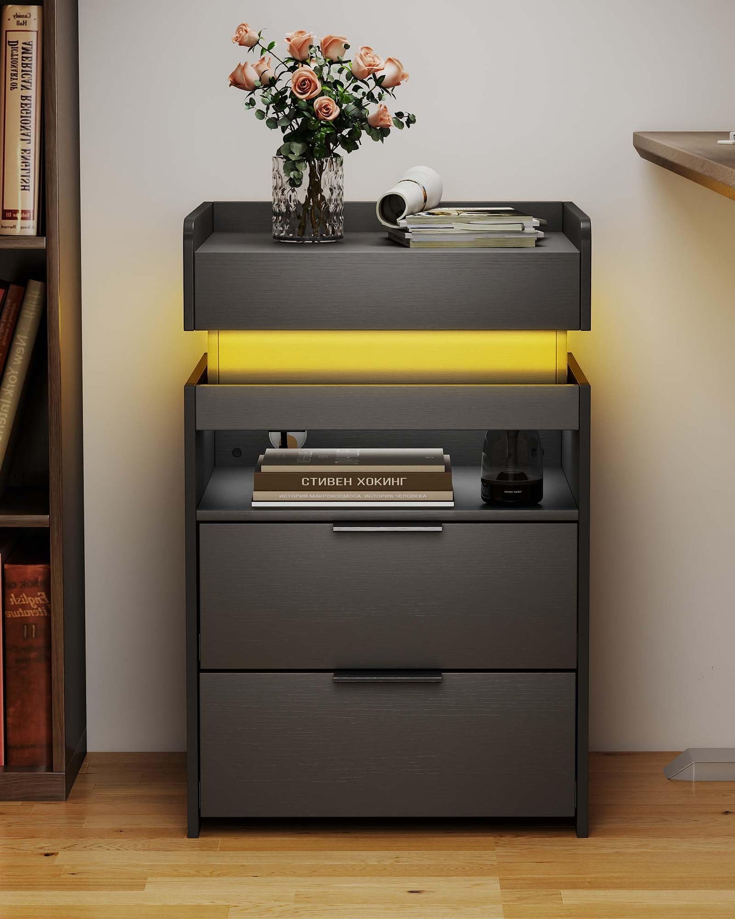Nightstand with Gun Drawer, Charging Night Stand with USB and AC Ports, LED Nightstand, NightStands with Gun Drawer, Smart Night Stand with Sliding Top Storage