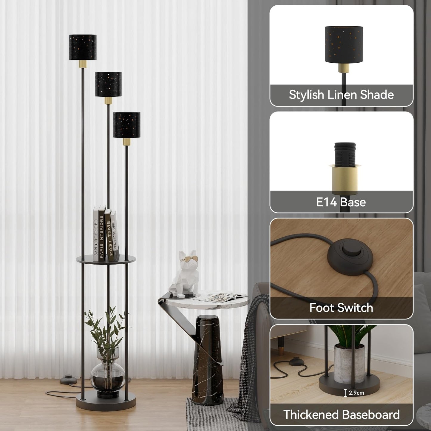 Modern Black Floor Lamp with 3 Lights Standing Shelves for Living Room and Bedroom Tall Standard