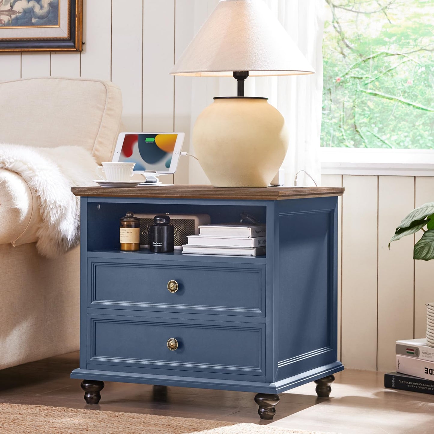 Joaxswe 24" Wide Farmhouse Nightstand with Charging Station, End Table with 2 Drawers, Blue Wood Dresser for Bedroom Cabinet, Bed Side Table Chest of Drawers, Night Stand for Living Room, Closet