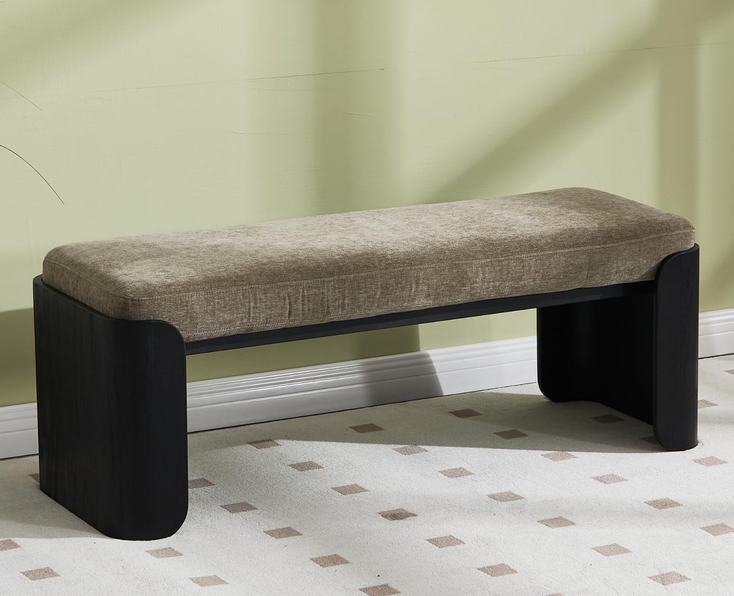 Shunzhi Modern Upholstered End of Bed Bench for Bedroom 49” Entryway Bench with Black Wood Leg Window Ottoman Bench for Living Room/Bedroom/Hallway/Indoor, Green Chenille