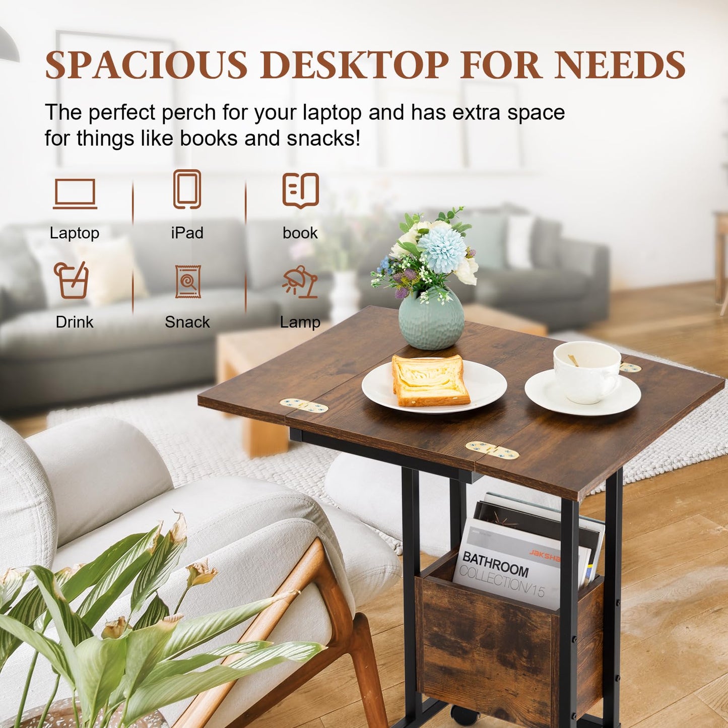 Hadulcet C Shaped End Table with Charging Station & Foldable Tabletop, Folding TV Tray Table with Storage, Rolling TV Trays, C Table for Sofa, Living Room Bedroom Small Spaces, Rustic Brown