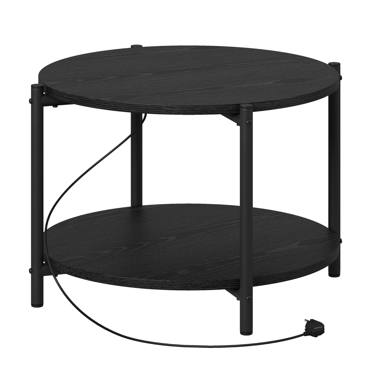 LIKIMIO Side Table, 23.6" W Round End Table with with Charging Station, Modern Wooden Nightstand for Small Spaces, Living Room, Bedroom, Black