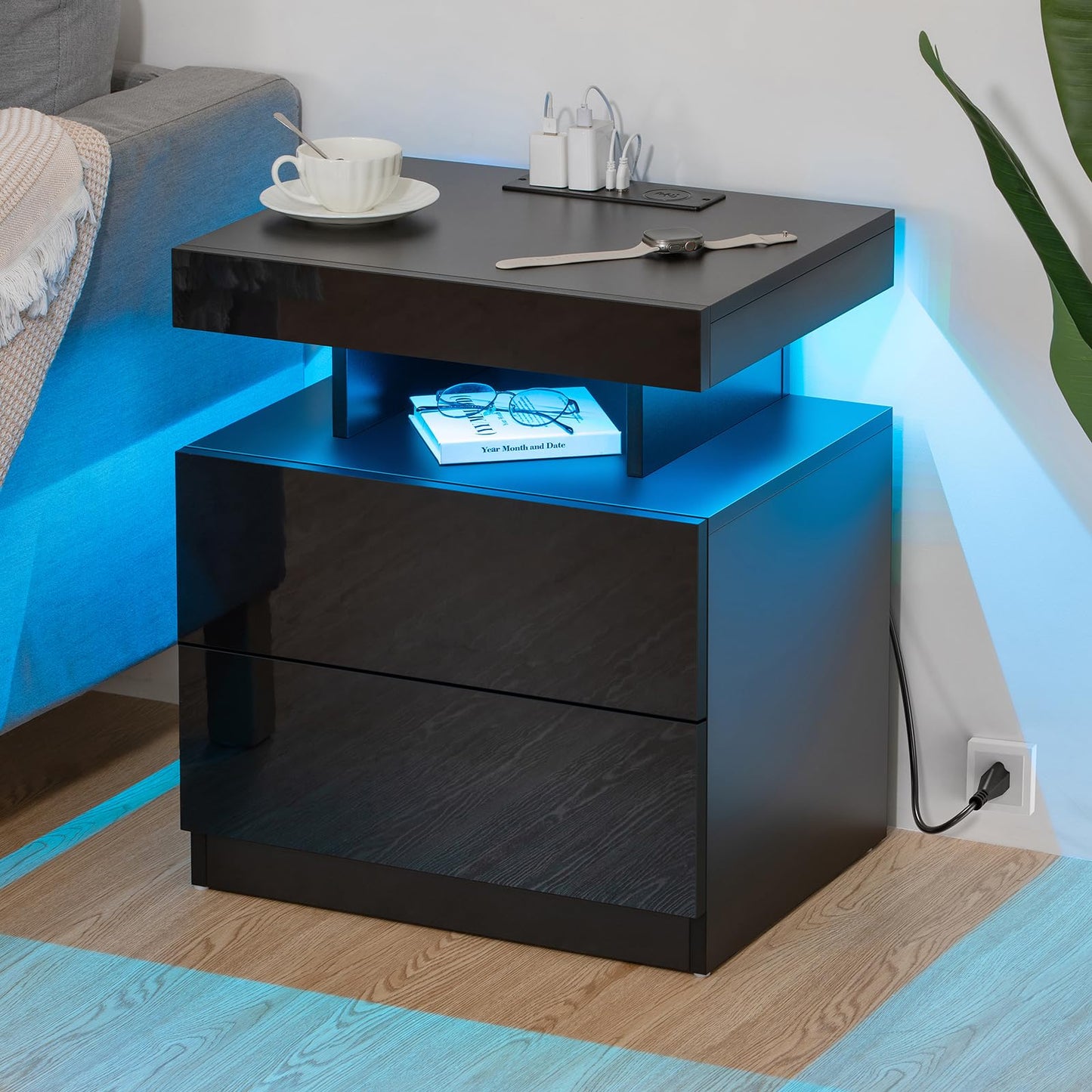 HOMMPA LED Nightstand with Wireless Charging Station & USB Ports, Modern Bedside Table, Black Night Stand with Open Compartment, Smart Nightstand High Gloss Surface for Bedroom