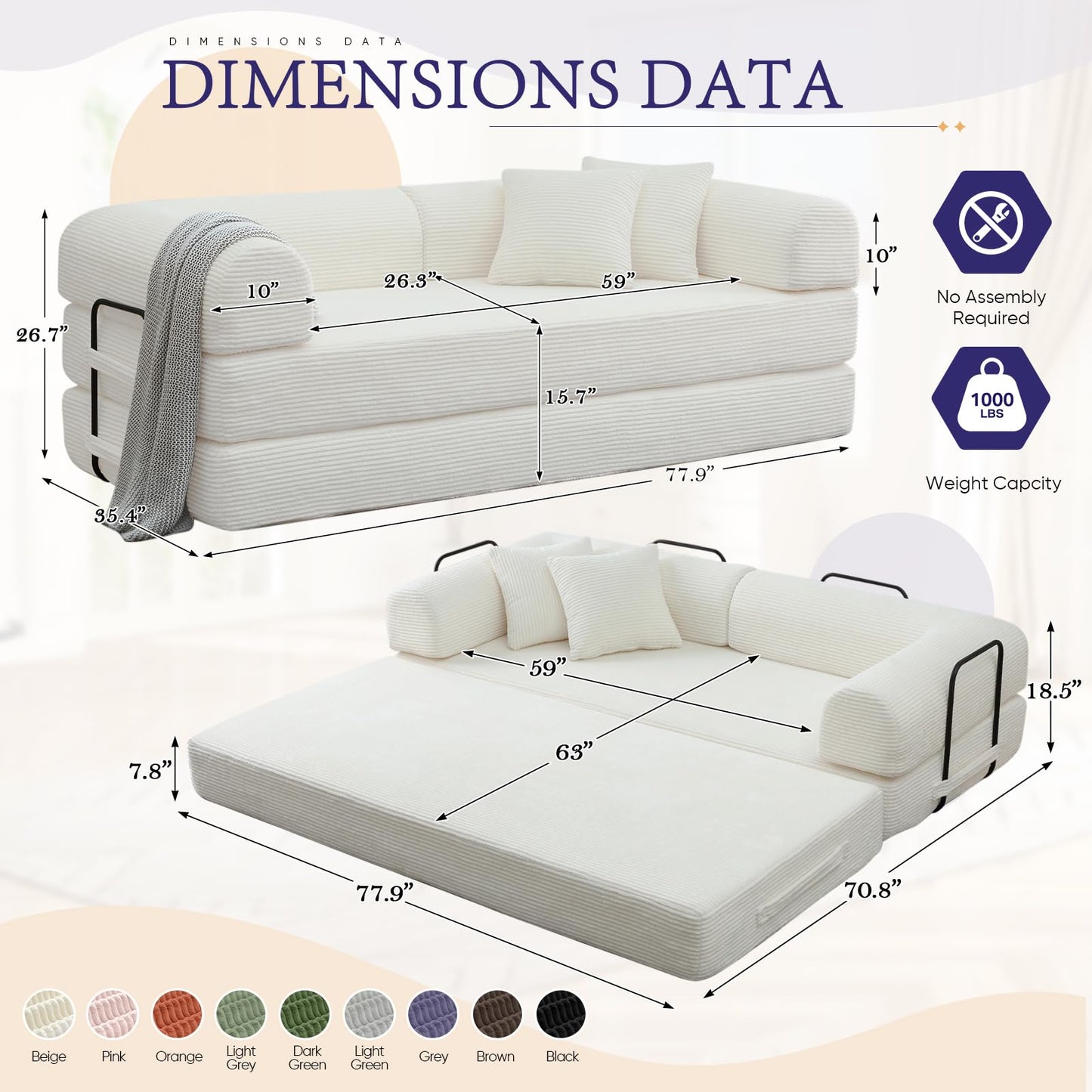 JEEOHEY Convertible Folding Sofa Bed, Corduroy Sleeper Mattress Couch with Fixed-Shape Frame, Free Combination Loveseat Lounge Floor Sofa, Queen Size Memory Foam Couch for Living Room, Bedroom, White