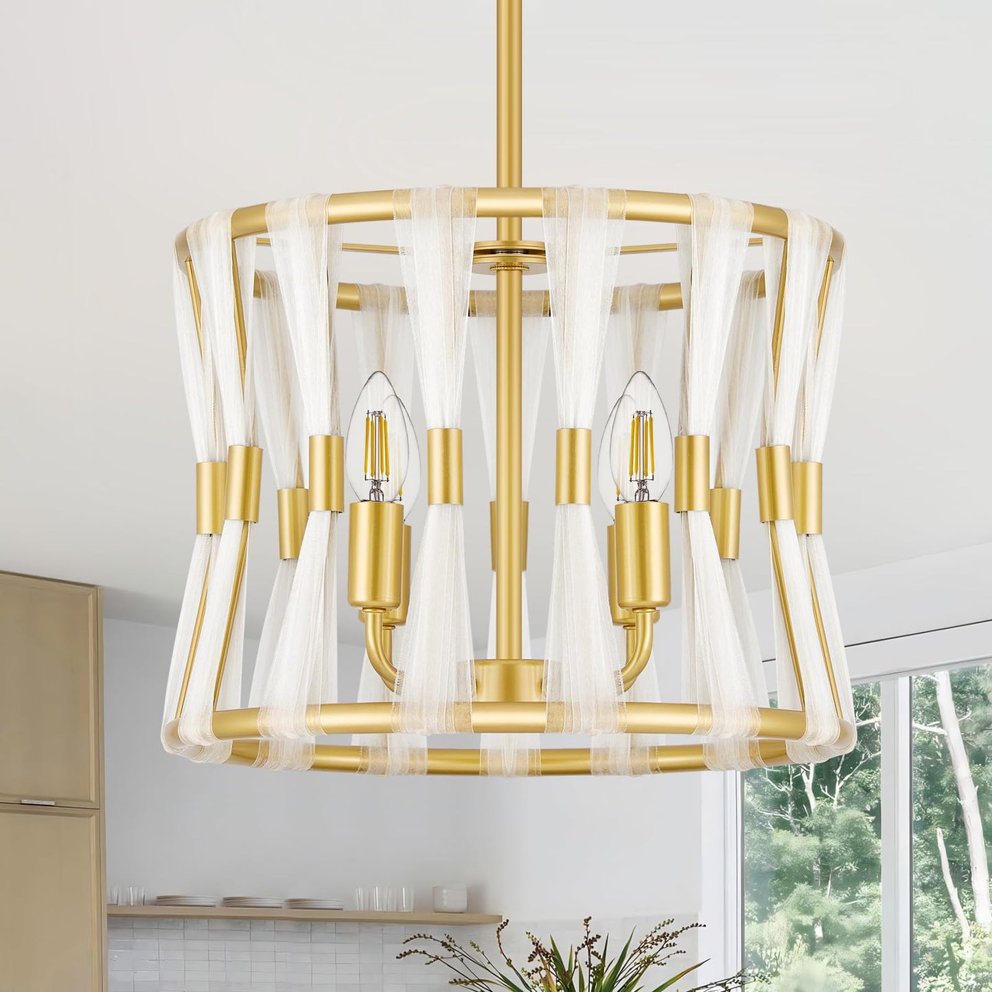 Karjearl Gold Chandeliers for Dining Room, 15" 4-Light Modern Drum Dining Room Light Fixtures Over Table, Farmhouse Gold Pendant Light for Dining Room Kitchen Island Living Room Entryway Foyer