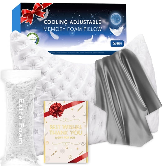 Cooling Side Sleeper Pillow for Neck and Shoulder Pain, Luxury Shredded Memory Foam Curved Bed Pillows for Sleeping Set of 1- Adjustable Queen Size- Washable Cover Crescent White& Grey Pillowcase
