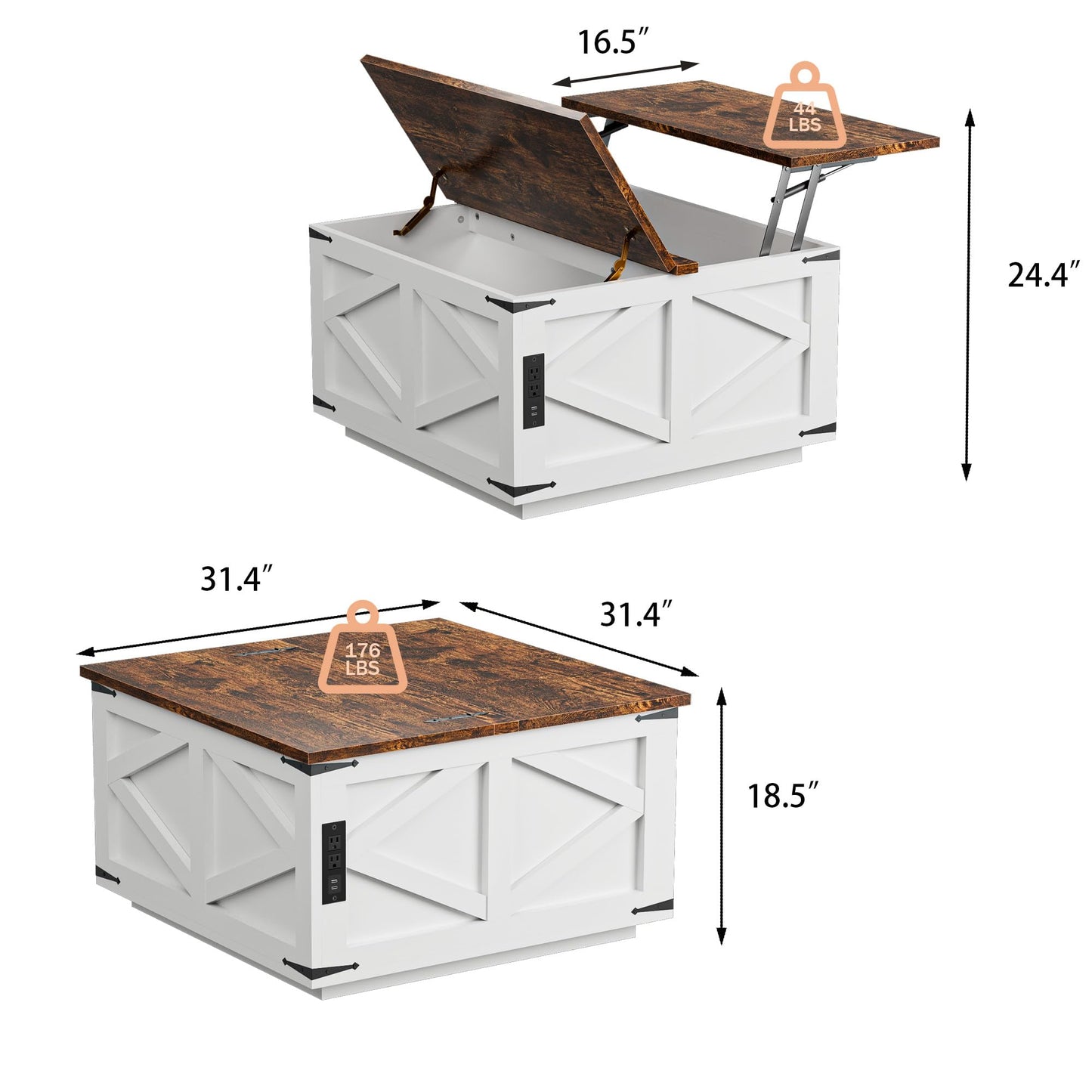 Ztexkee Lift Top Coffee Table with Storage, Farmhouse Coffee Table with Socket and LED Light 31.5" Square Center Table with Large Hidden Storage Compartment for Living Room, Bedroom Brown White