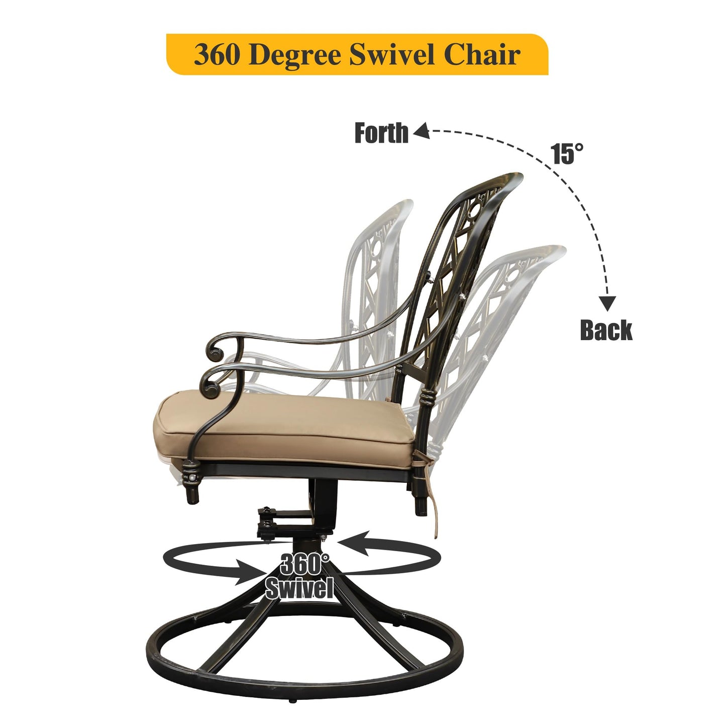 Sumshadow 2 Piece Cast Aluminum Outdoor Swivel Dining Chairs, All-Weather Patio Swivel Rocker Chair Sets with Cushion for Garden, Backyard, Poolside, Bistro (Khaki, 2 Pieces)