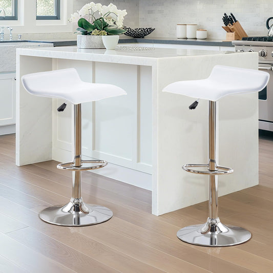 Adjustable Swivel Bar Stools Set of 2, Modern PU Leather Backless Counter Height Stools with Footrest & Gas Lift | Heavy Duty for Kitchen Island, Home Bar, Dining Room (White, Chrome Base)