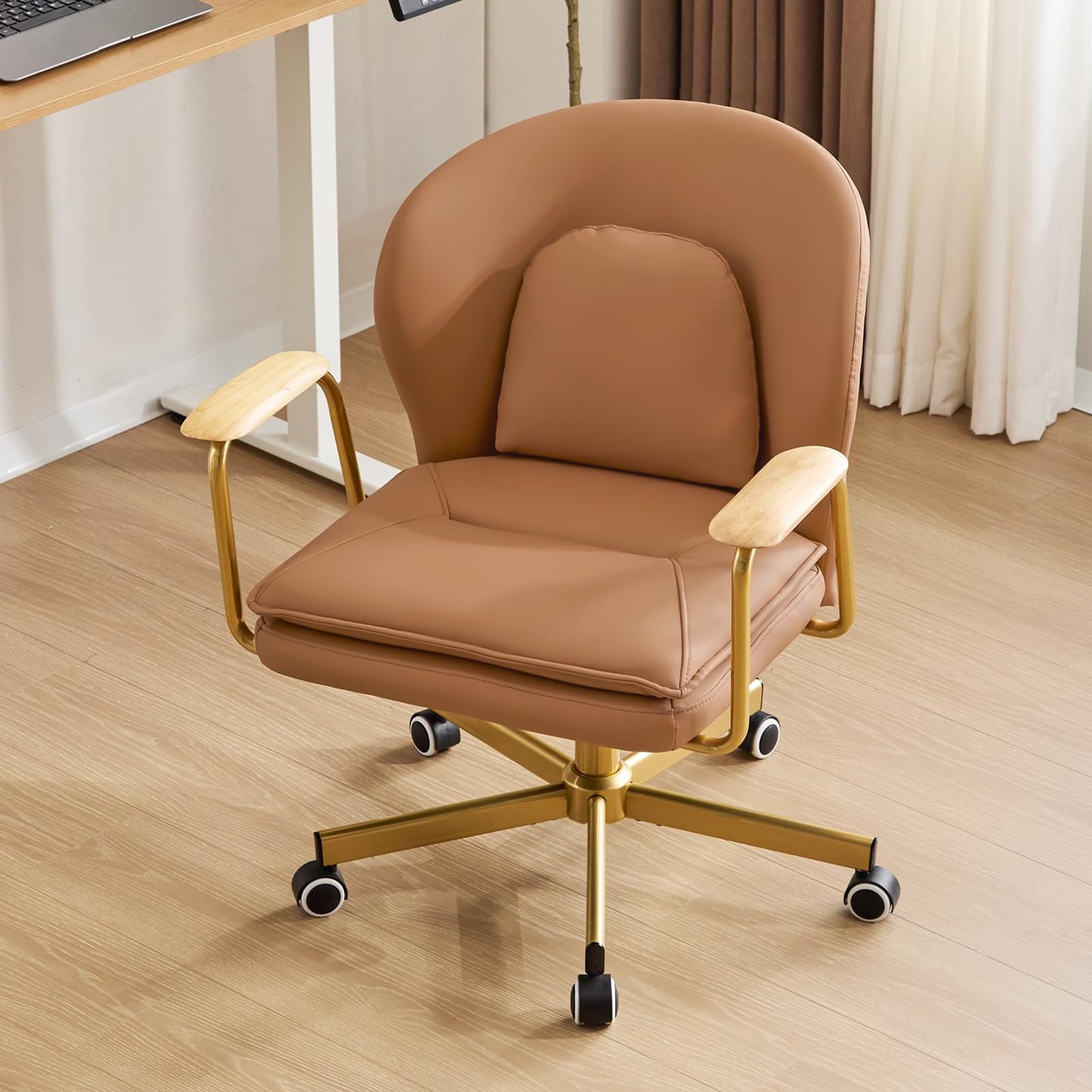 Furniliving Leather Home Office Desk Chairs，Comfy Office Chair, Adjustable Swivel Vanity Chair with Golden Legs and Wooden Padded Armrest, Modern Upholstered Task Chair with Wheels,Brown