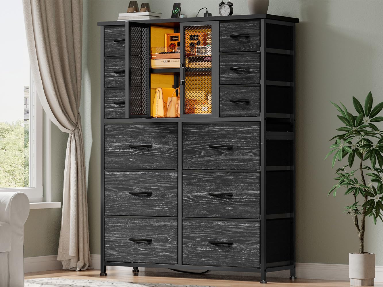 EnHomee Tall Dresser for Bedroom with Charging Station & LED & Mesh Door, 12 Fabric Drawer Dressers & Chests of Drawers, Wooden Top, Metal Frame, Black, 11.8" D x 37.8" W x 50.6" H