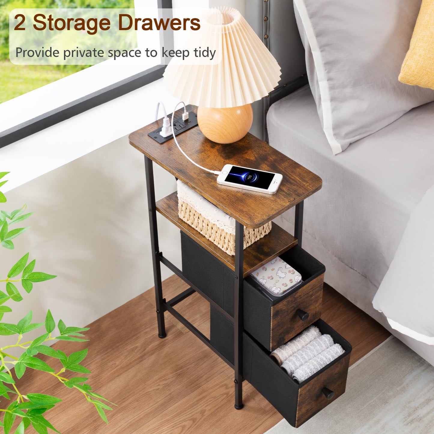 LOAKEKEL Narrow End Tables Living Room Set of 2 with Charging Station, Skinny Side Table with Fabric Drawers, Slim Nightstand for Bedroom, Small Spaces, Couch, Brown, HETNDP02BR