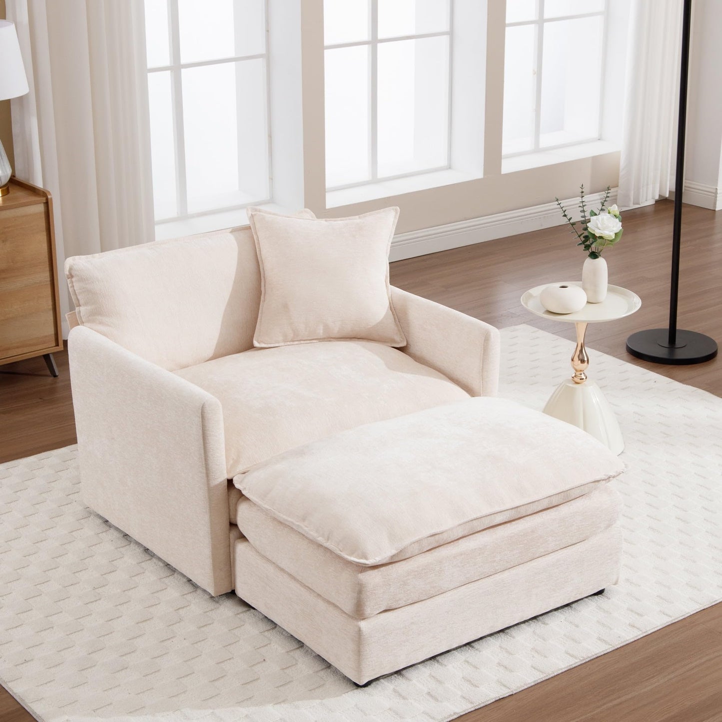Oversized Accent Chair with Ottoman, Beige Chenille Modern Cloud Chaise Lounge Chair Indoor with Deep Seat, Upholstered Comfy Armchair Reading Chair for Bedroom Living Room Apartment