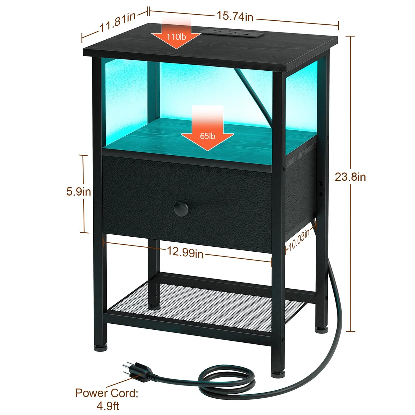 LOAKEKEL Night Stand, LED Nightstand with Charging Station, Small End Table with Fabric Drawer for Living Room, Bed Side Table with Storage Shelf for Bedroom, Black, HETS01BK-1