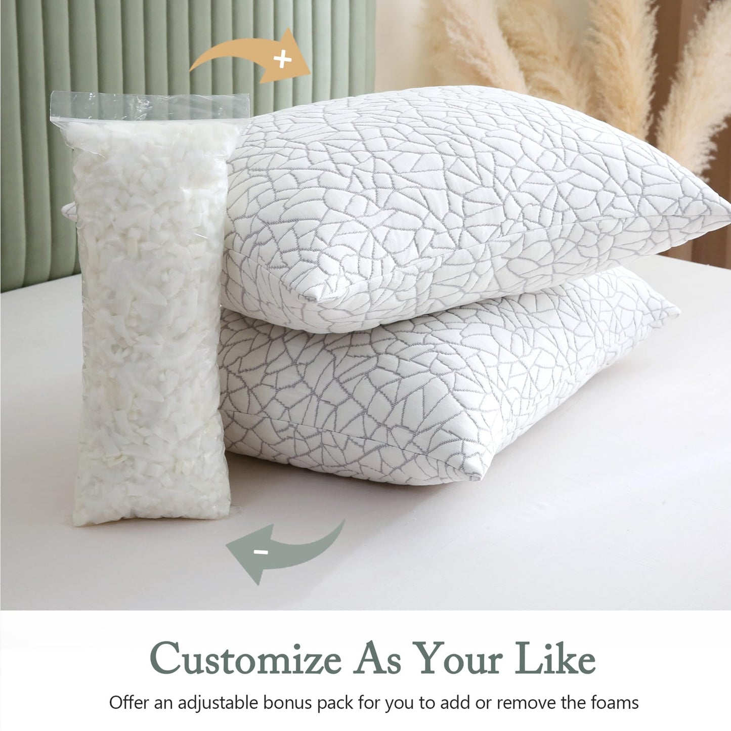 BPC Premium Rayon Derived from Bamboo Pillows Queen Size Set of 2 - Adjustable Shredded Memory Foam Pillow with Removable Cover Firm Pillow for Side Stomach and Back Sleepers, CertiPUR-US