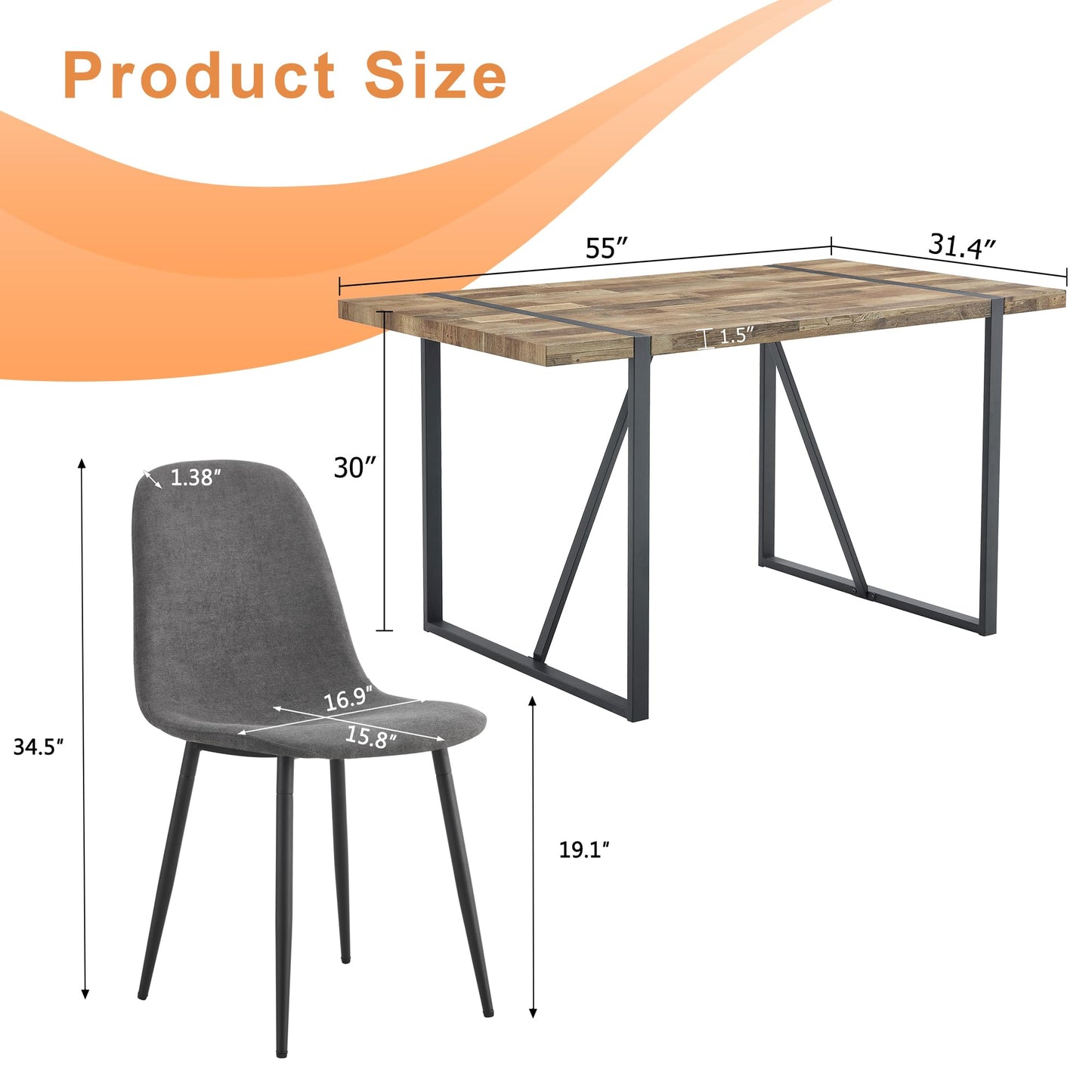 MUUOKY 55'' Dinner Table Set for 4, Rectangular Wood Kitchen Table Set for 4 with Chairs, 5 Piece Dining Tables Set for Kitchen and Dining Room