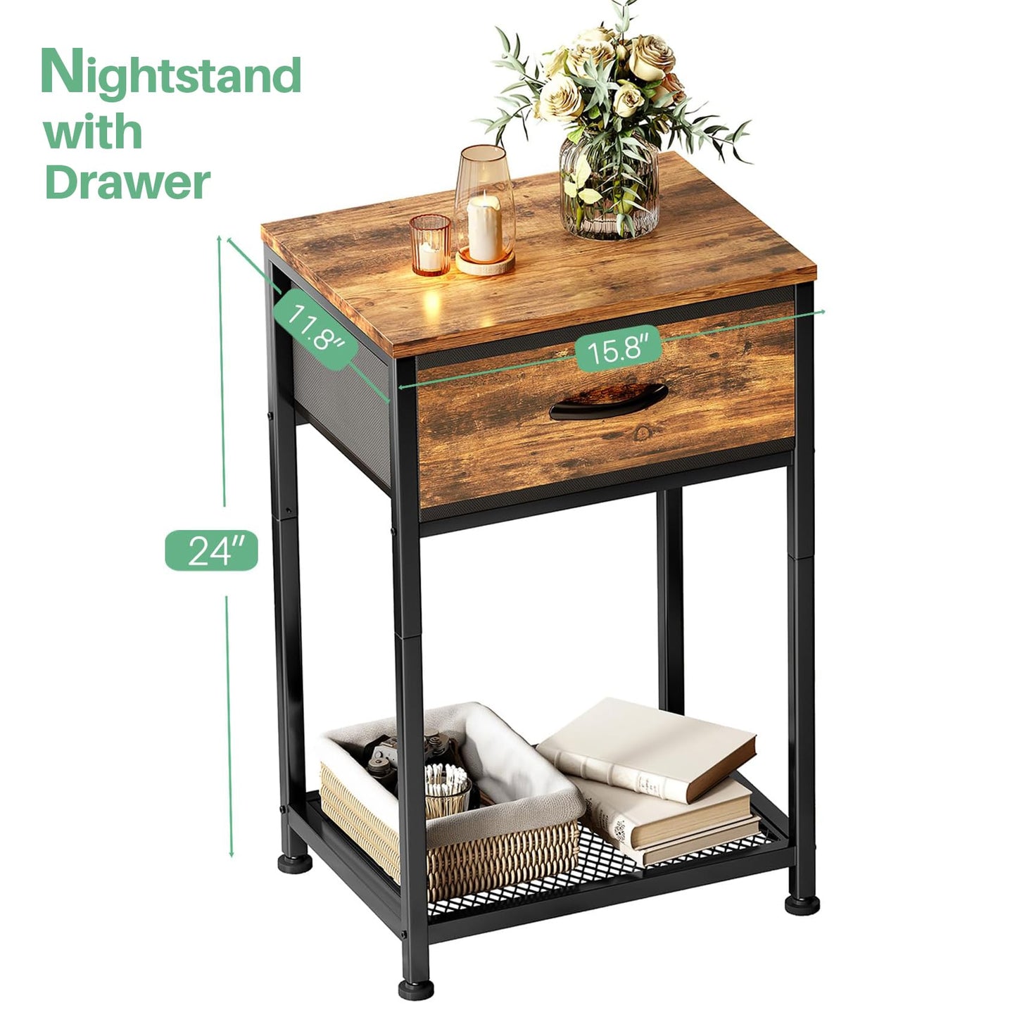 Kitstorack Night Stands Set of 2,End Tables with Drawer for Bedroom Bed Side Table for Home, Rustic Brown Wood Night Stand Bedroom Nightstands Bedside Table Set of 2