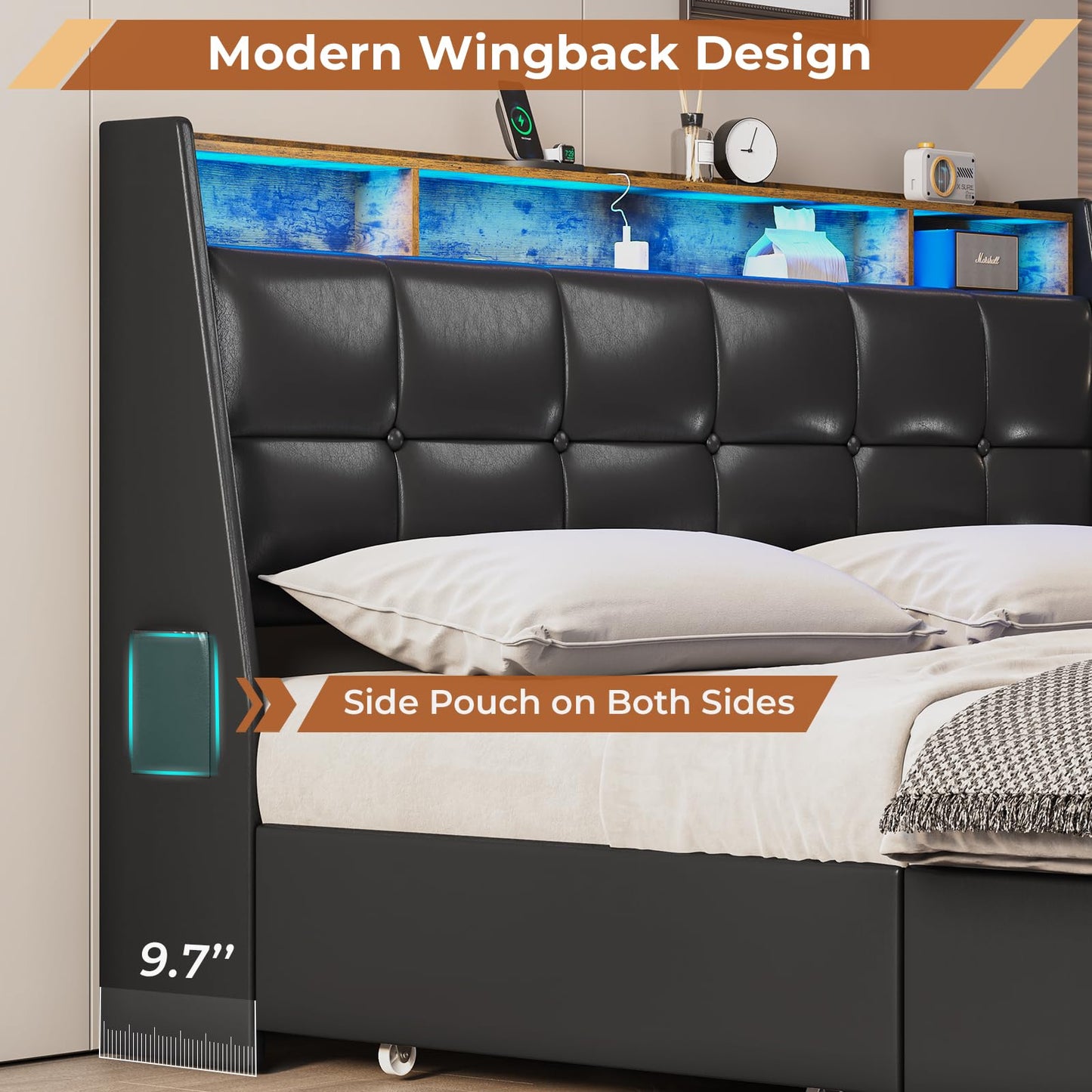 MSmask King Size Bed Frame with 4 Storage Drawers, Charging Station and LED Lights, Upholstered Bed Frame with Button Tufted Wingback Headboard, LED Bed King Size, No Box Spring Needed, Black