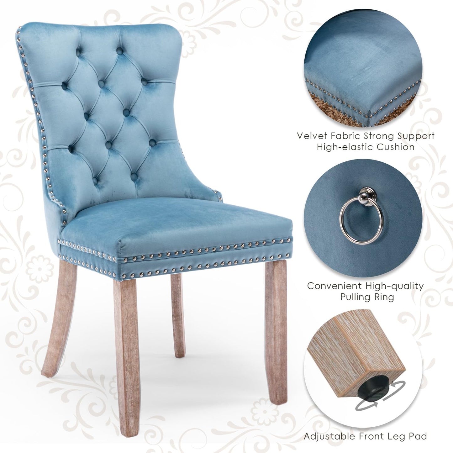 SoarTalent Velvet Upholstered Dining Chairs Set of 4, Modern Style Kitchen Side Chairs with Nailhead Trim and Wood Legs,Metal Pulling Ring for Dining Room Living Room(Sky Blue,Set of 4)