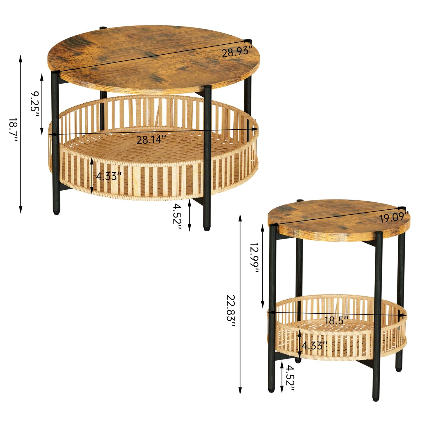 Lamerge 3 Pieces Coffee Table Set for Living Room, Boho Living Room Table Set with Rattan Storage Shelf and Metal Frame, Round Coffee Table & 2 End Side Tables for Apartment Home Office