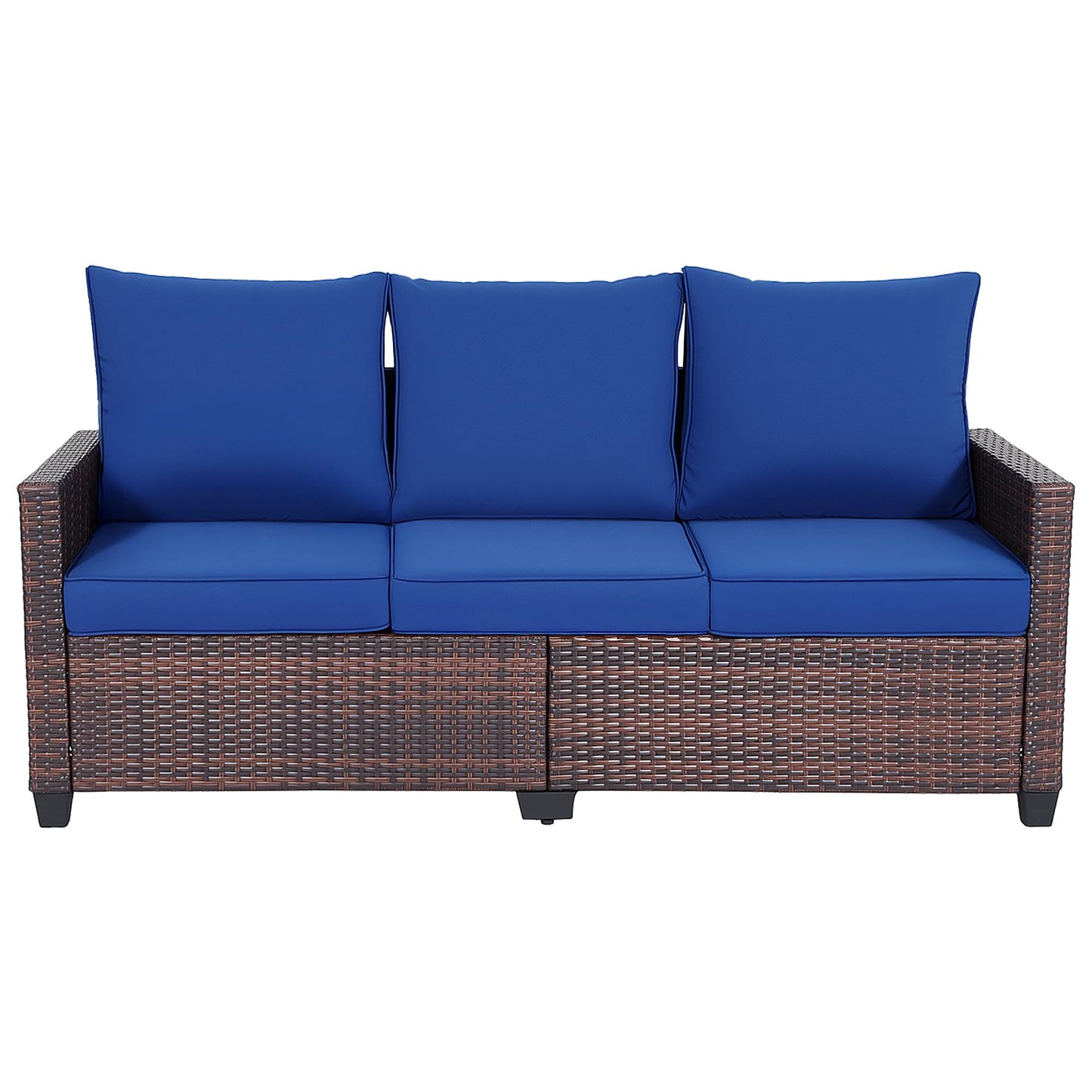 EortheX Outdoor Patio Sofa, 3-Seat Rattan Wicker Couch for Garden Deck or Porch, Comfortable All-Weather Patio Furniture with Anti-Slip Cushions (Blue)