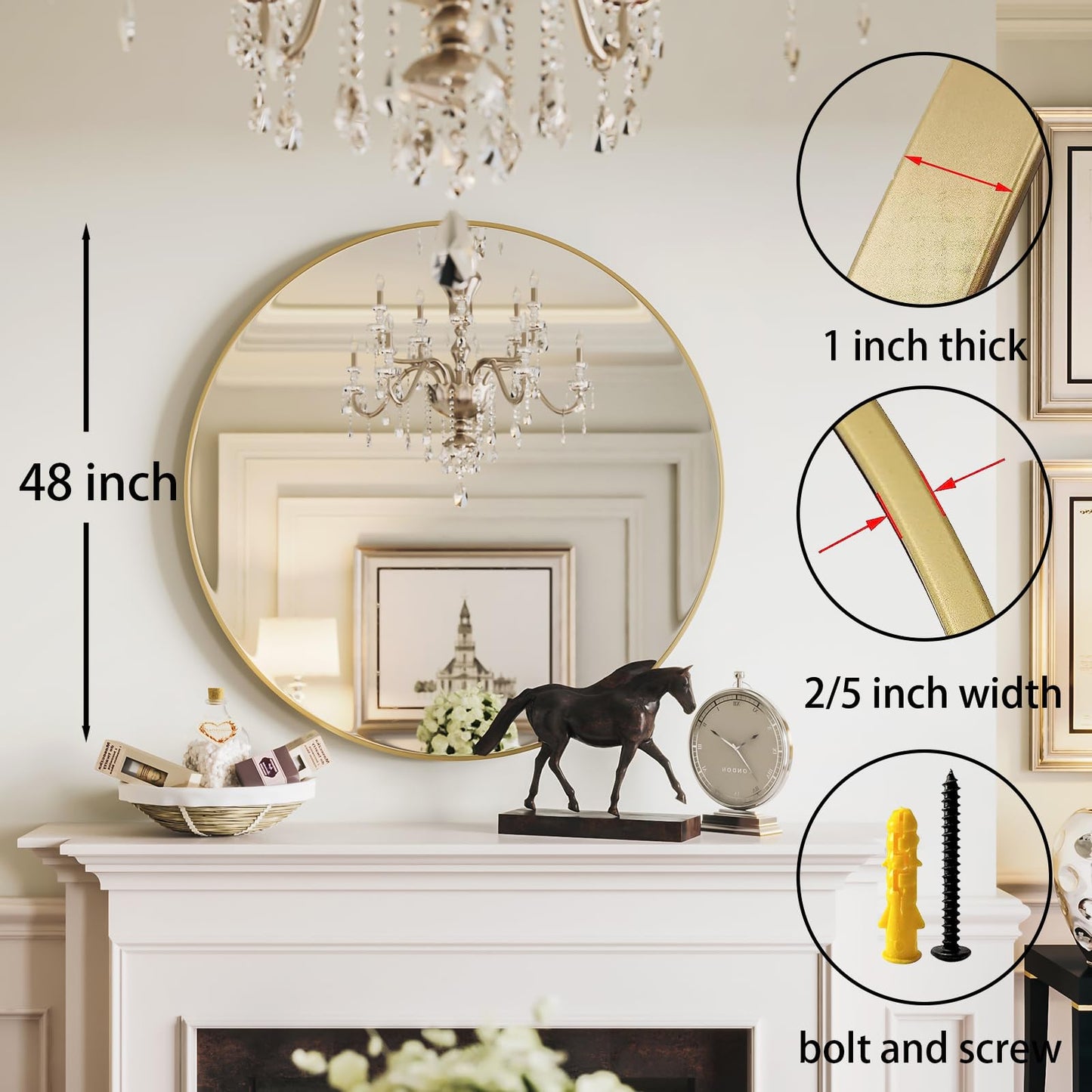 Growsun 48 inch Large Gold Round Mirror, Bathroom Mirror for Wall, Metal Frame Round Mirror for Fireplace Living Room Wall Decor